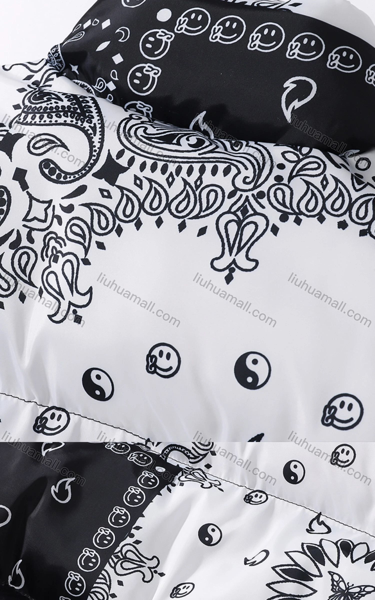 Wholesale Men's Fashion Long Sleeve Stand Collar Splicing Paisley Print Puffer Coat 913# - Liuhuamall