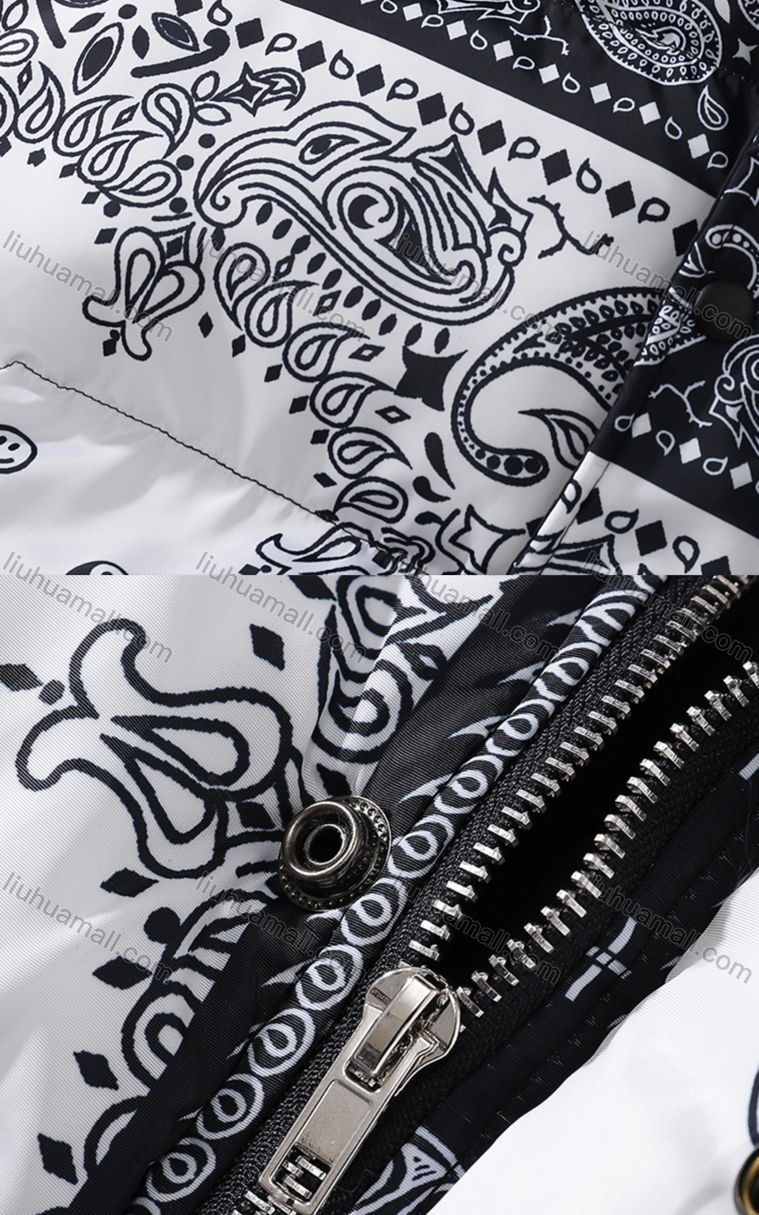 Wholesale Men's Fashion Long Sleeve Stand Collar Splicing Paisley Print Puffer Coat 913# - Liuhuamall