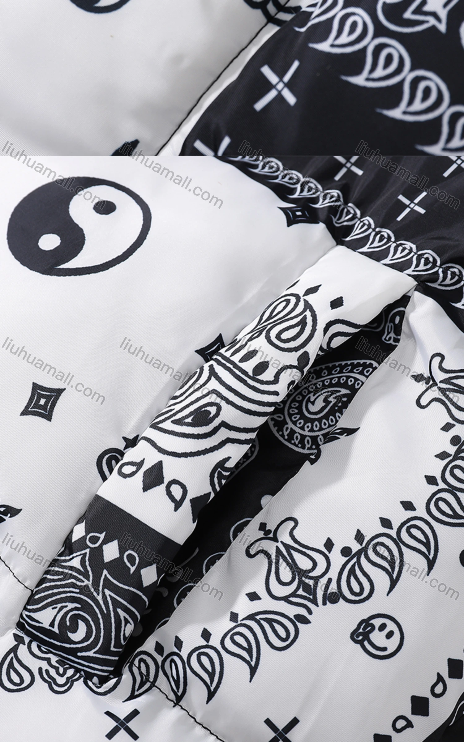 Wholesale Men's Fashion Long Sleeve Stand Collar Splicing Paisley Print Puffer Coat 913# - Liuhuamall