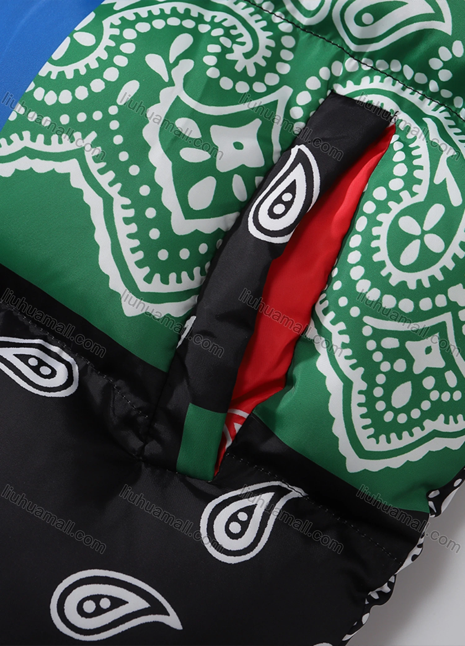 Wholesale Men's Fashion Long Sleeve Stand Collar Paisley Patchwork Print Puffer Coat 918# - Liuhuamall