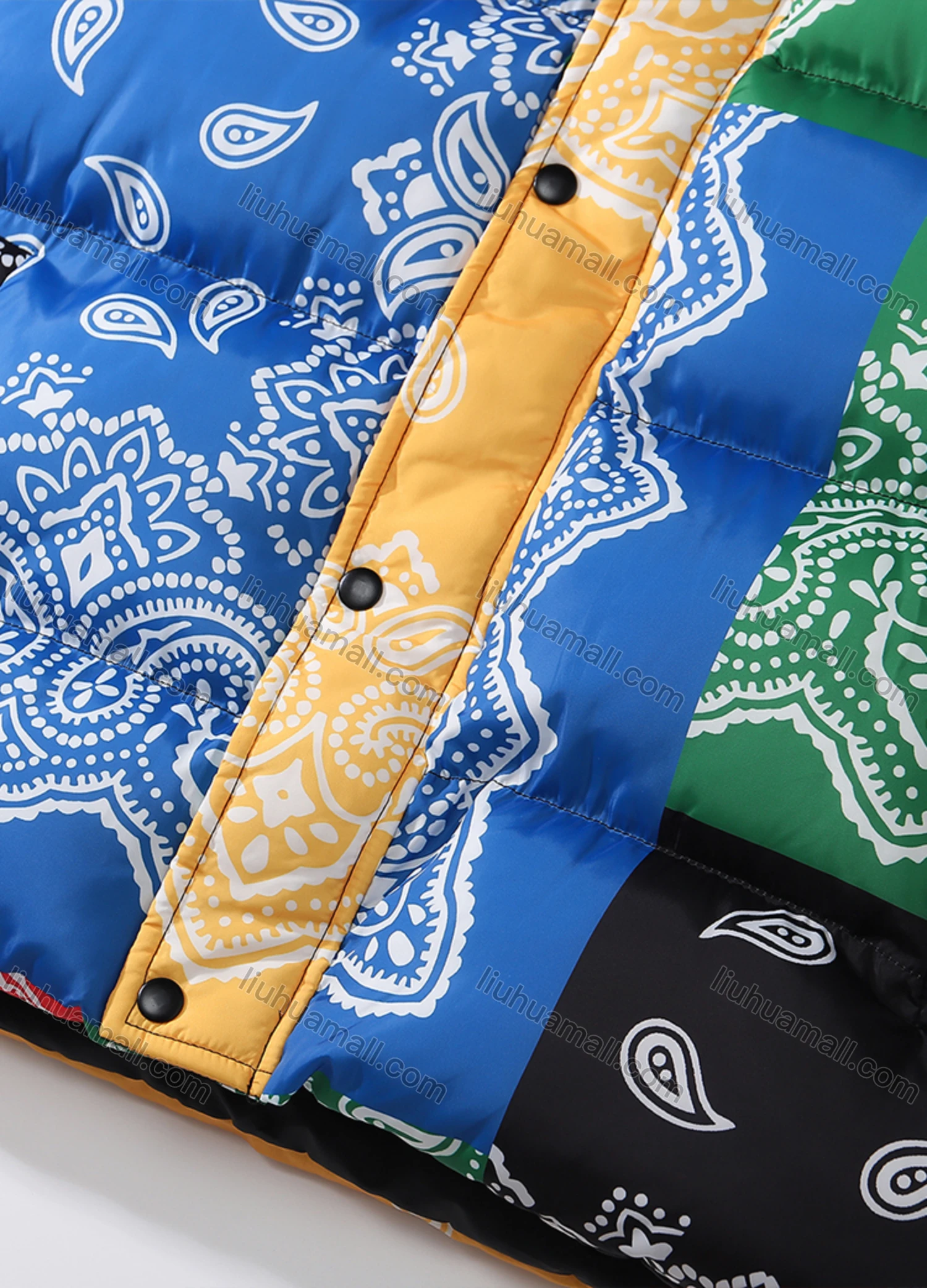 Wholesale Men's Fashion Long Sleeve Stand Collar Paisley Patchwork Print Puffer Coat 918# - Liuhuamall