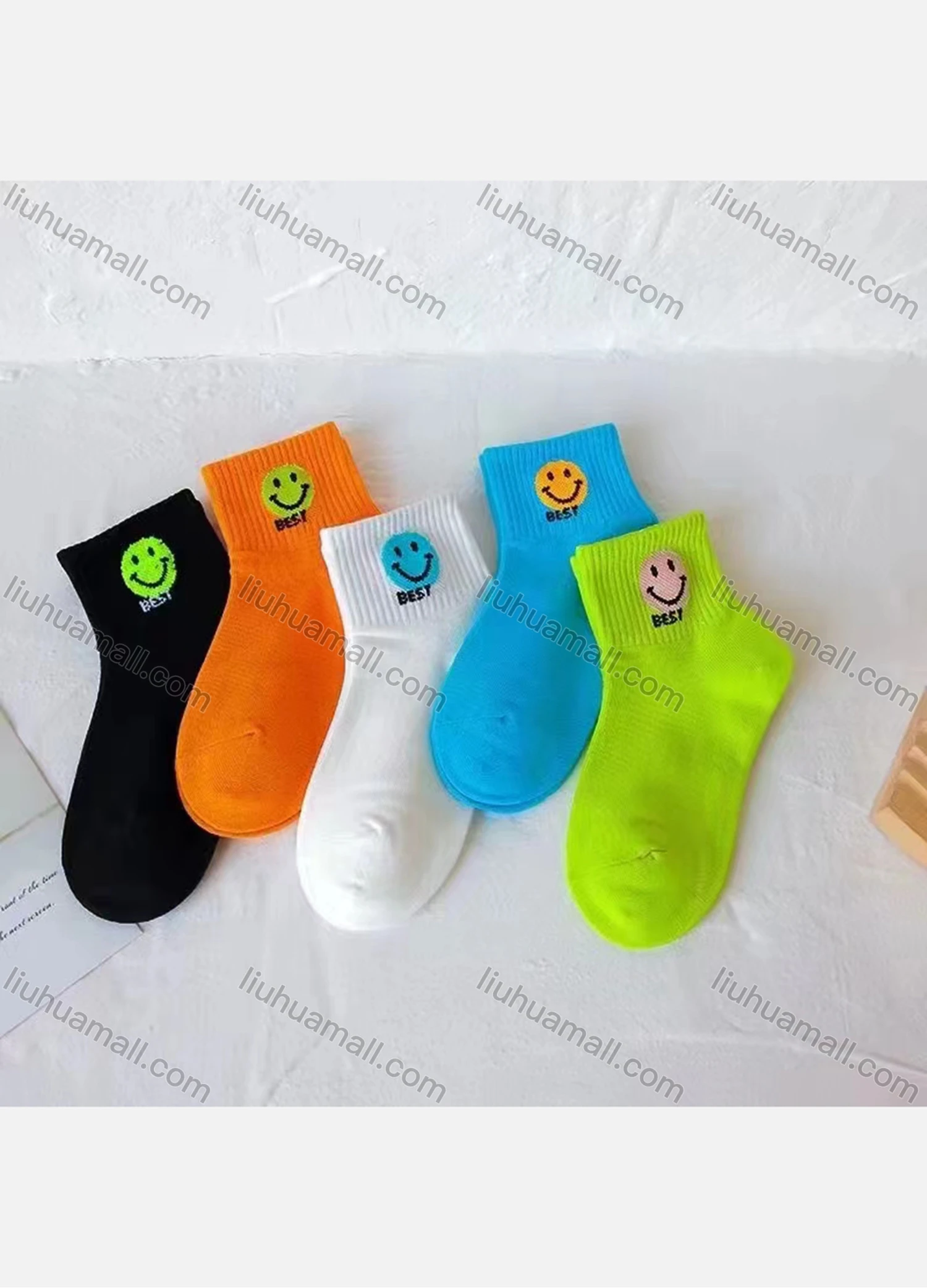 Wholesale Kid's Plain Smile Face Print Cotton Socks - Liuhuamall