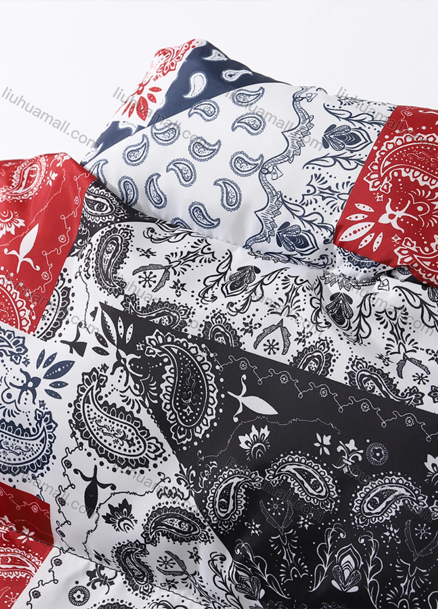 Wholesale Men's Fashion Long Sleeve Stand Collar Paisley Patchwork Print Puffer Coat 921# - Liuhuamall