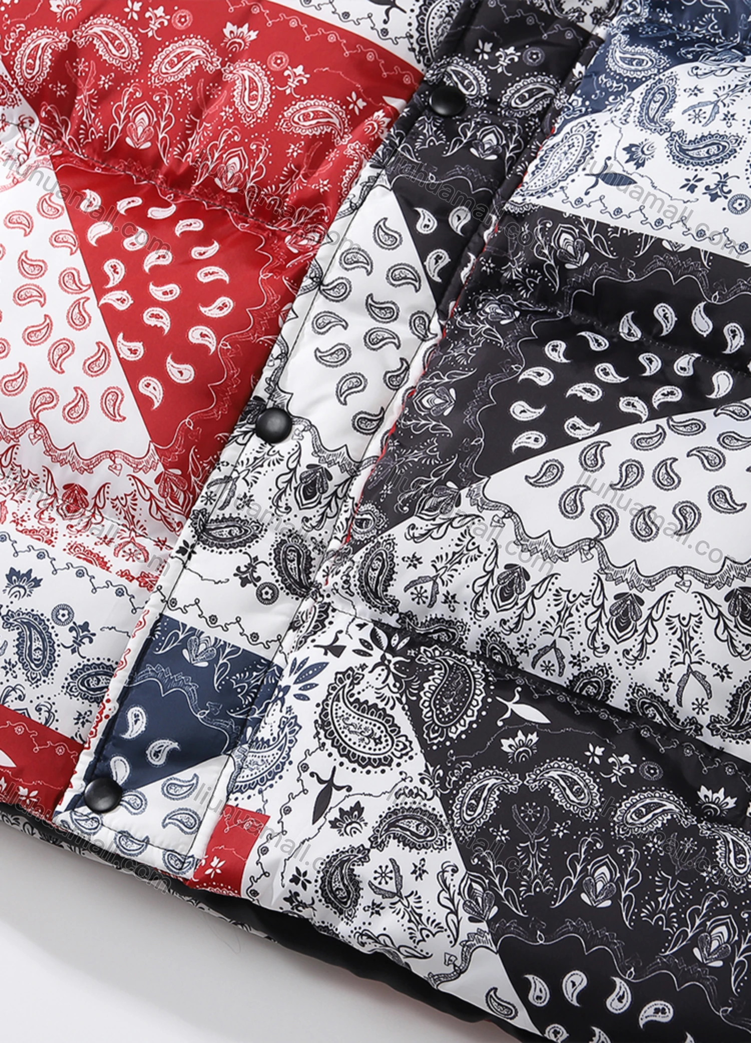 Wholesale Men's Fashion Long Sleeve Stand Collar Paisley Patchwork Print Puffer Coat 921# - Liuhuamall