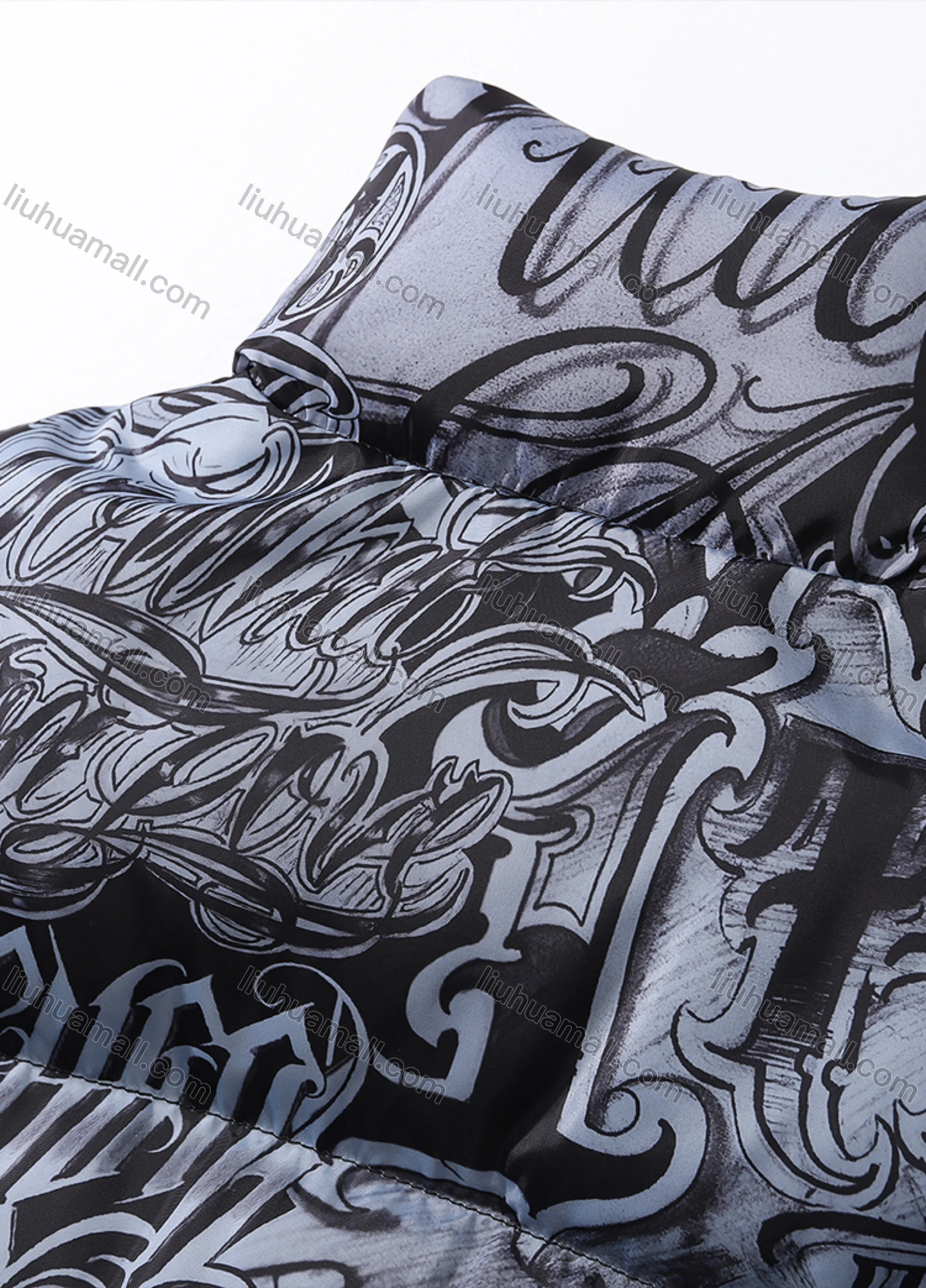 Wholesale Men's Fashion Long Sleeve Stand Collar Graffiti Letter Print Puffer Coat 923# - Liuhuamall