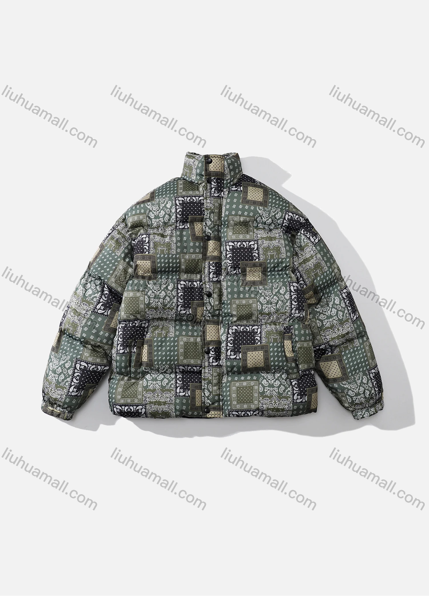 Wholesale Men's Fashion Long Sleeve Stand Collar Paisley Patchwork Print Puffer Coat 925# - Liuhuamall