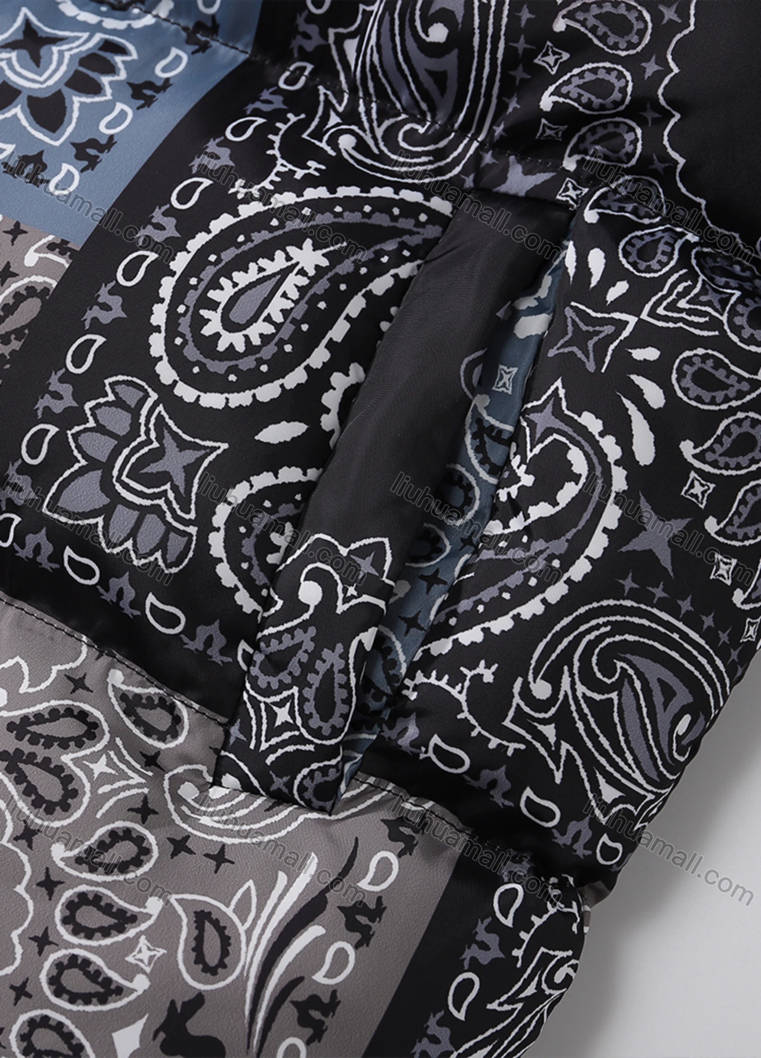 Wholesale Men's Fashion Long Sleeve Stand Collar Paisley Patchwork Print Puffer Coat 927# - Liuhuamall