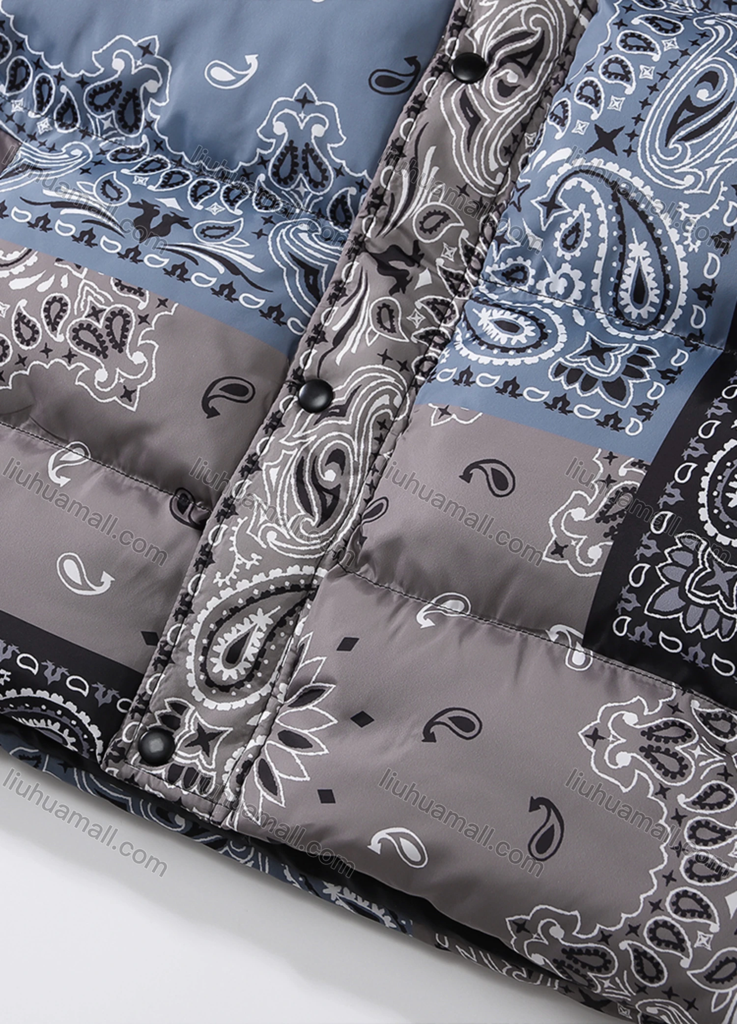 Wholesale Men's Fashion Long Sleeve Stand Collar Paisley Patchwork Print Puffer Coat 927# - Liuhuamall