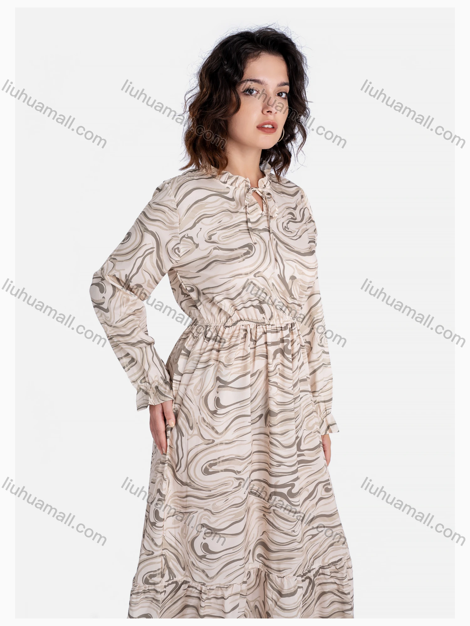 Wholesale Women's Causal Notch Neck Poet Sleeve Allover Print Midi Dress - Liuhuamall