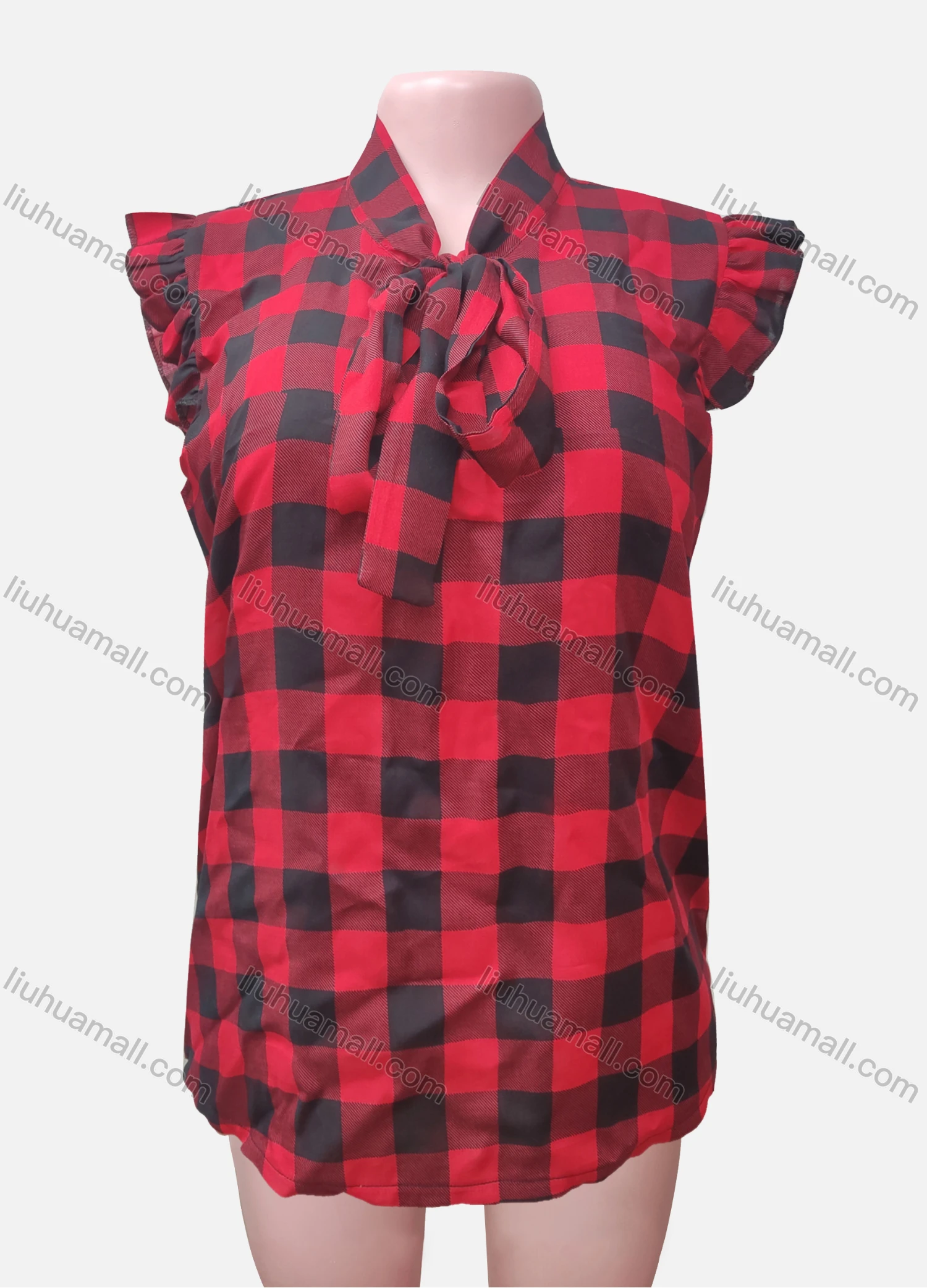Wholesale Women's Flounce Sleeve Gingham Print Bowknot Shirt - Liuhuamall
