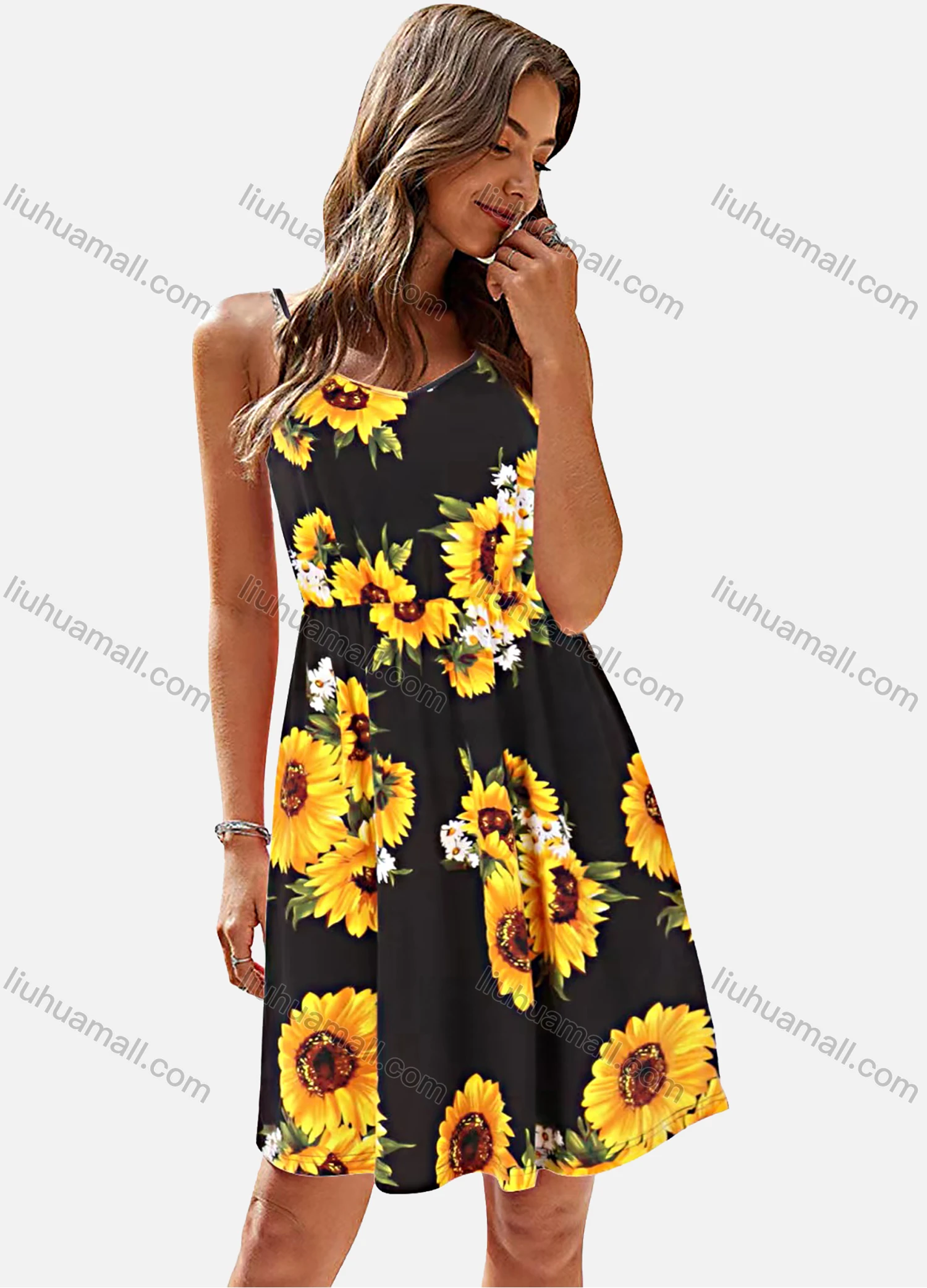 Wholesale Women's Sunflower Print Knee Length Cami Dress - Liuhuamall