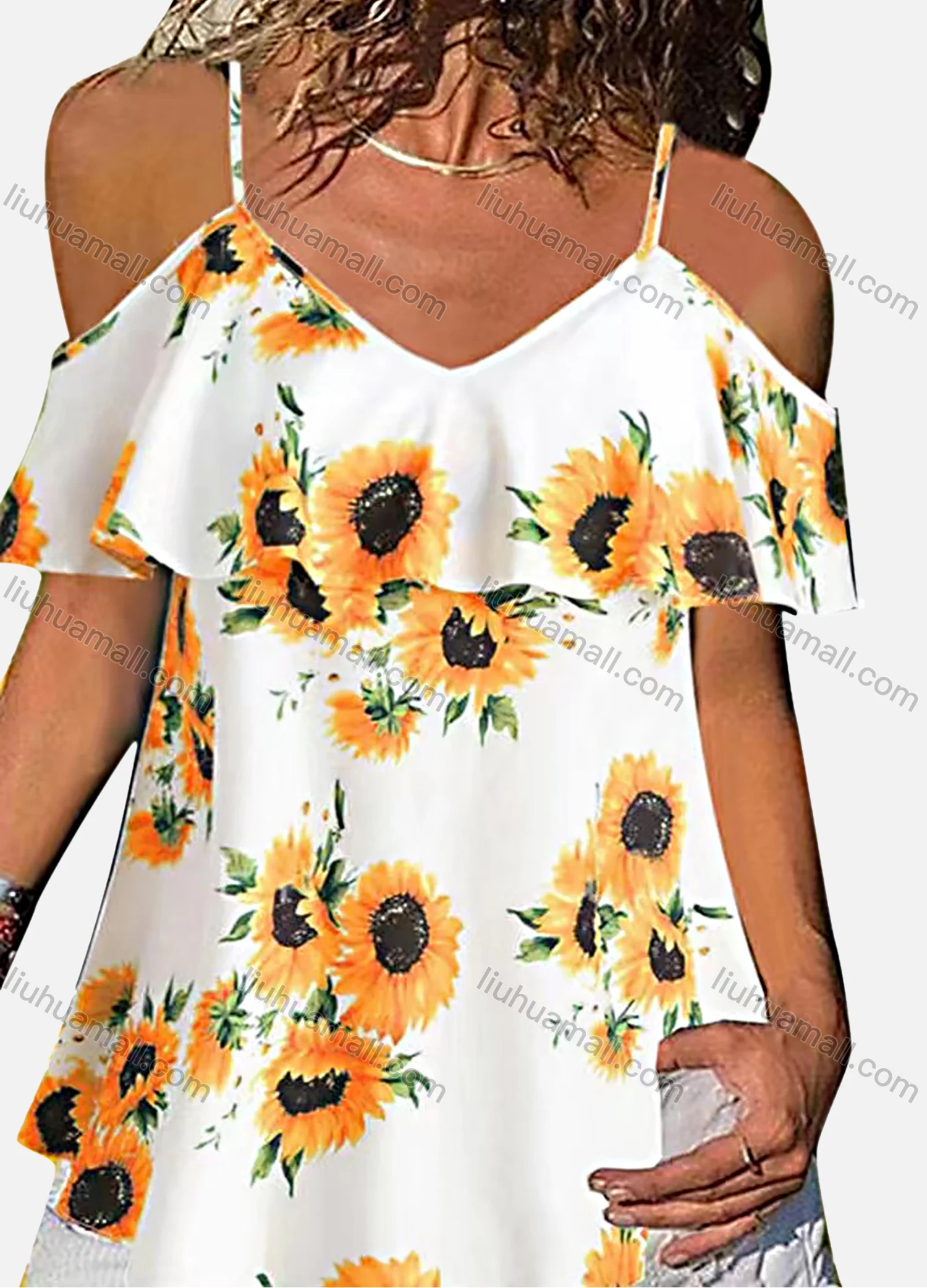 Wholesale Women's Casual V Neck Sunflower Print Regular Fit Cami Dress - Liuhuamall