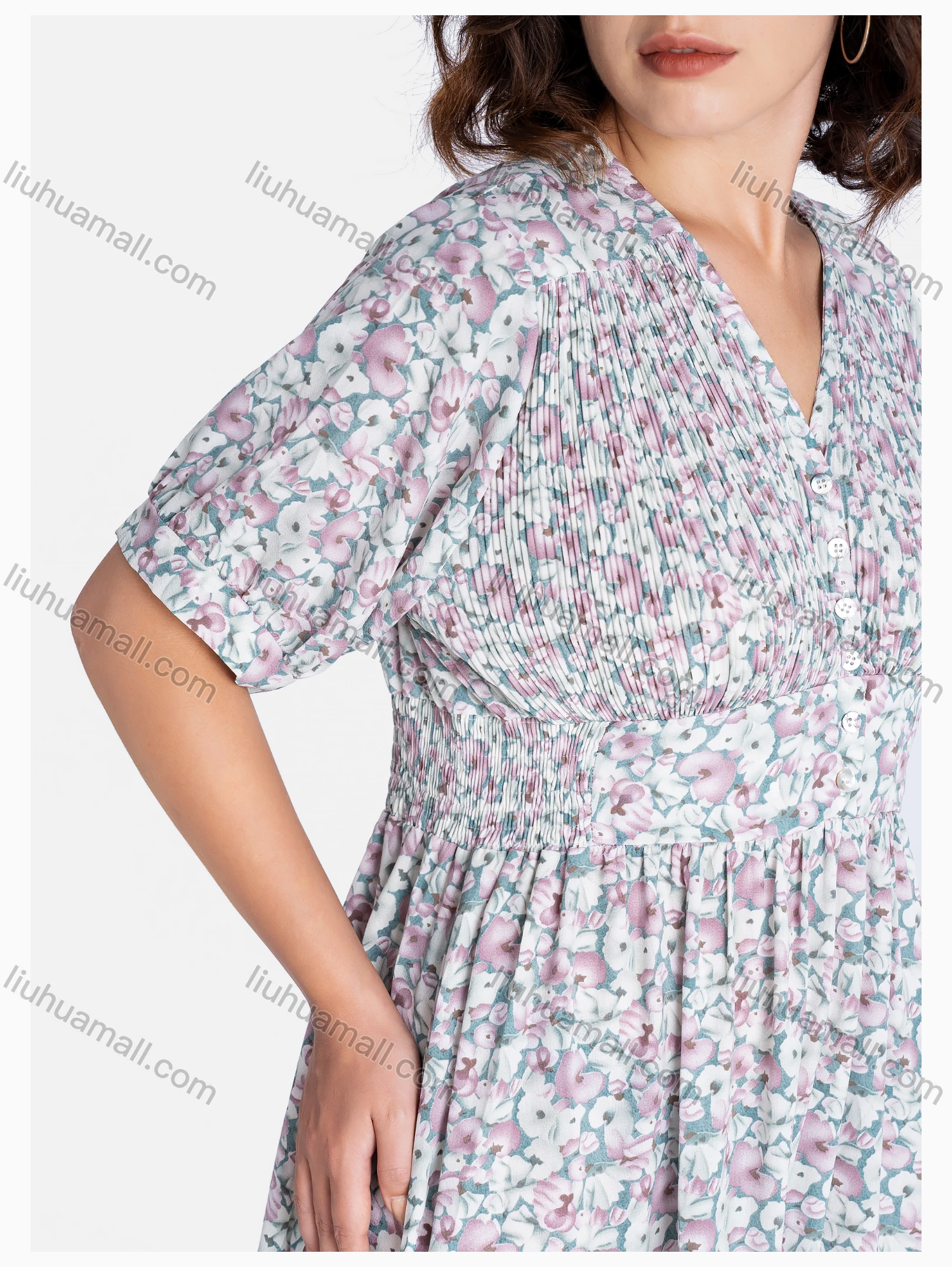 Wholesale Women's Boho V Neck Short Sleeve Floral Print Midi Dress - Liuhuamall