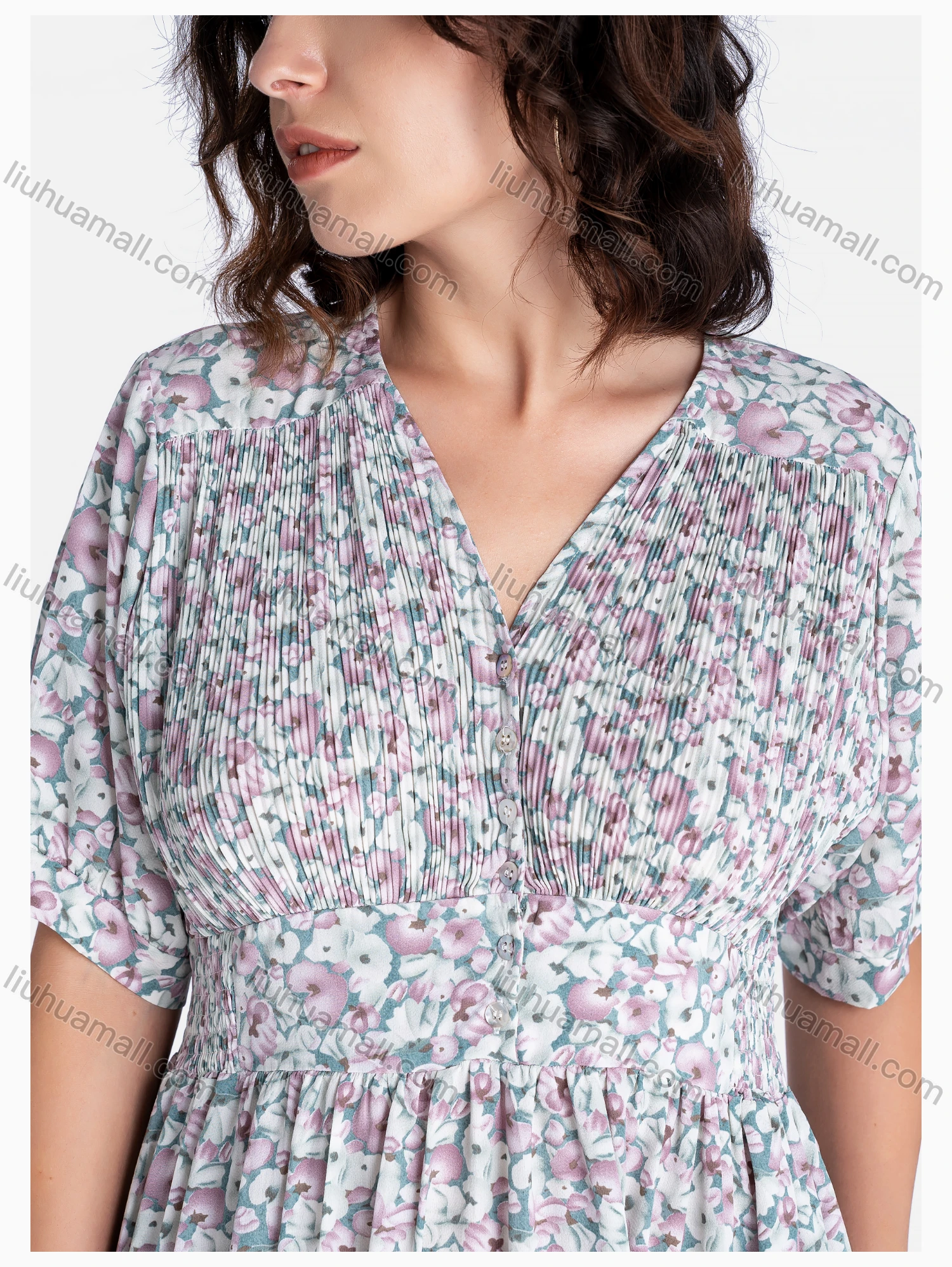 Wholesale Women's Boho V Neck Short Sleeve Floral Print Midi Dress - Liuhuamall