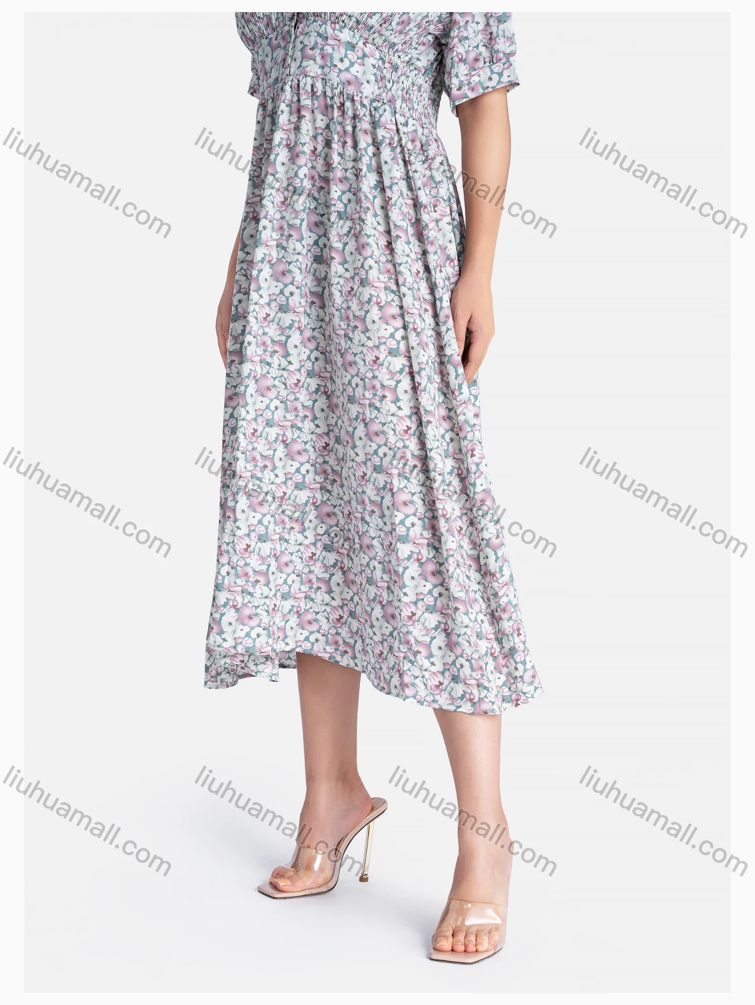 Wholesale Women's Boho V Neck Short Sleeve Floral Print Midi Dress - Liuhuamall