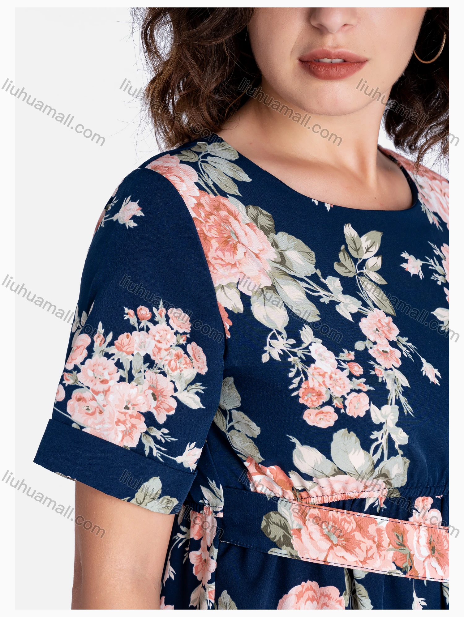Wholesale Women's Casual Round Neck Short Sleeve Floral Print Midi Dress With Belt - Liuhuamall