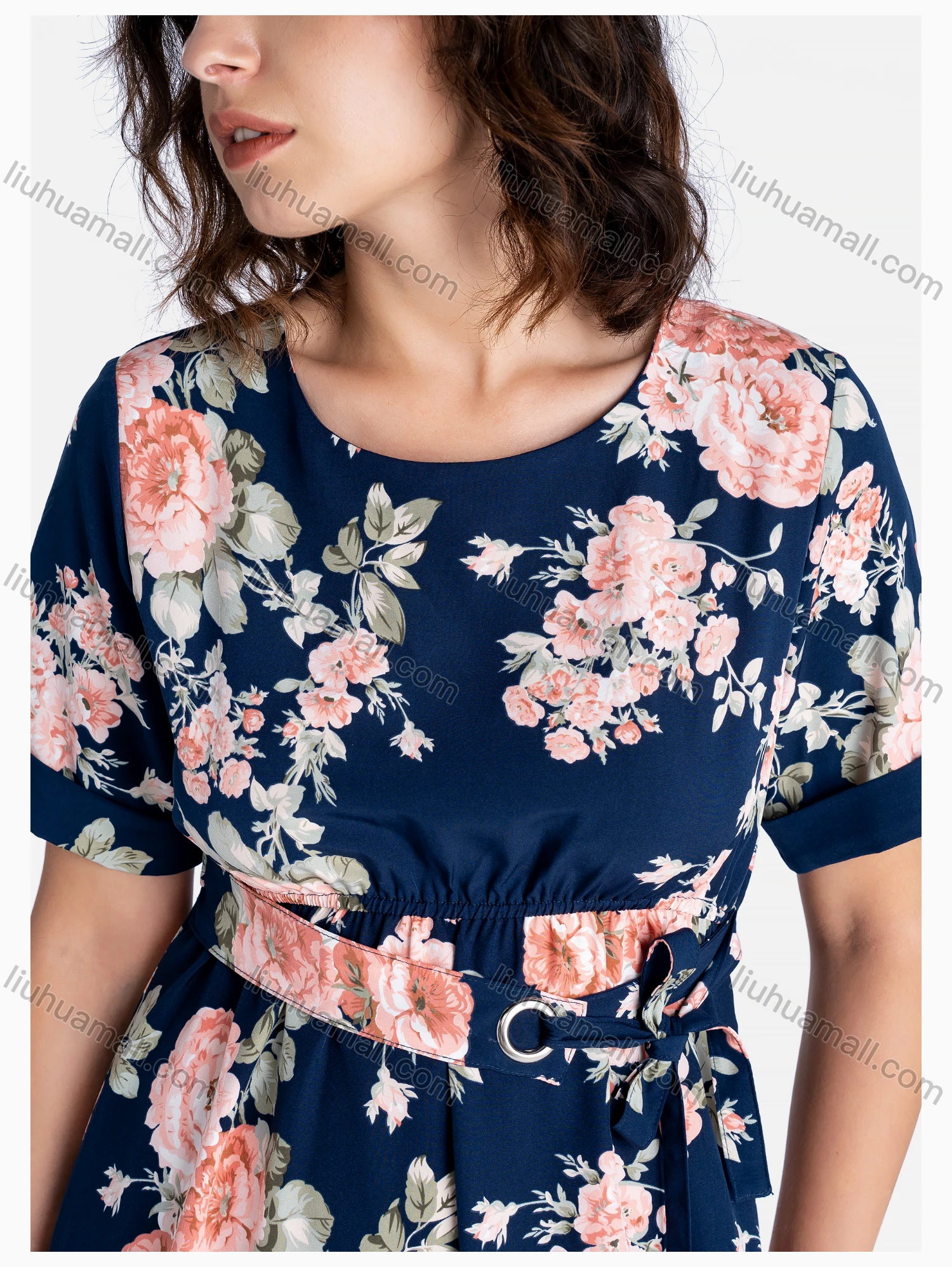 Wholesale Women's Casual Round Neck Short Sleeve Floral Print Midi Dress With Belt - Liuhuamall