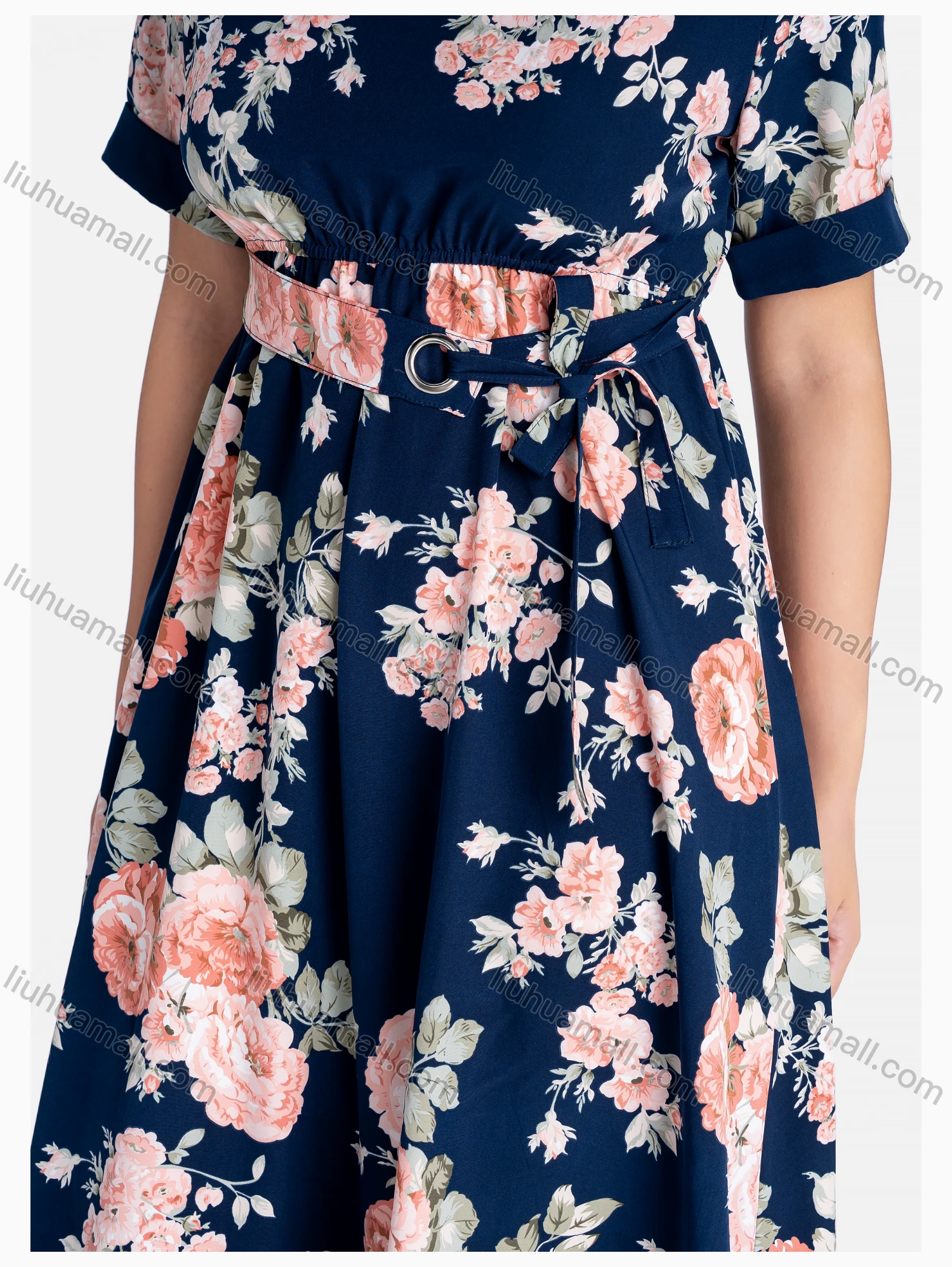 Wholesale Women's Casual Round Neck Short Sleeve Floral Print Midi Dress With Belt - Liuhuamall