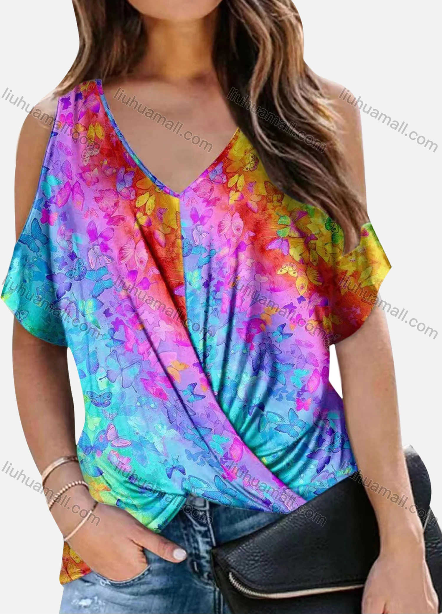 Wholesale Women's Multi-color Butterfly Print Off Shoulder Shirt - Liuhuamall