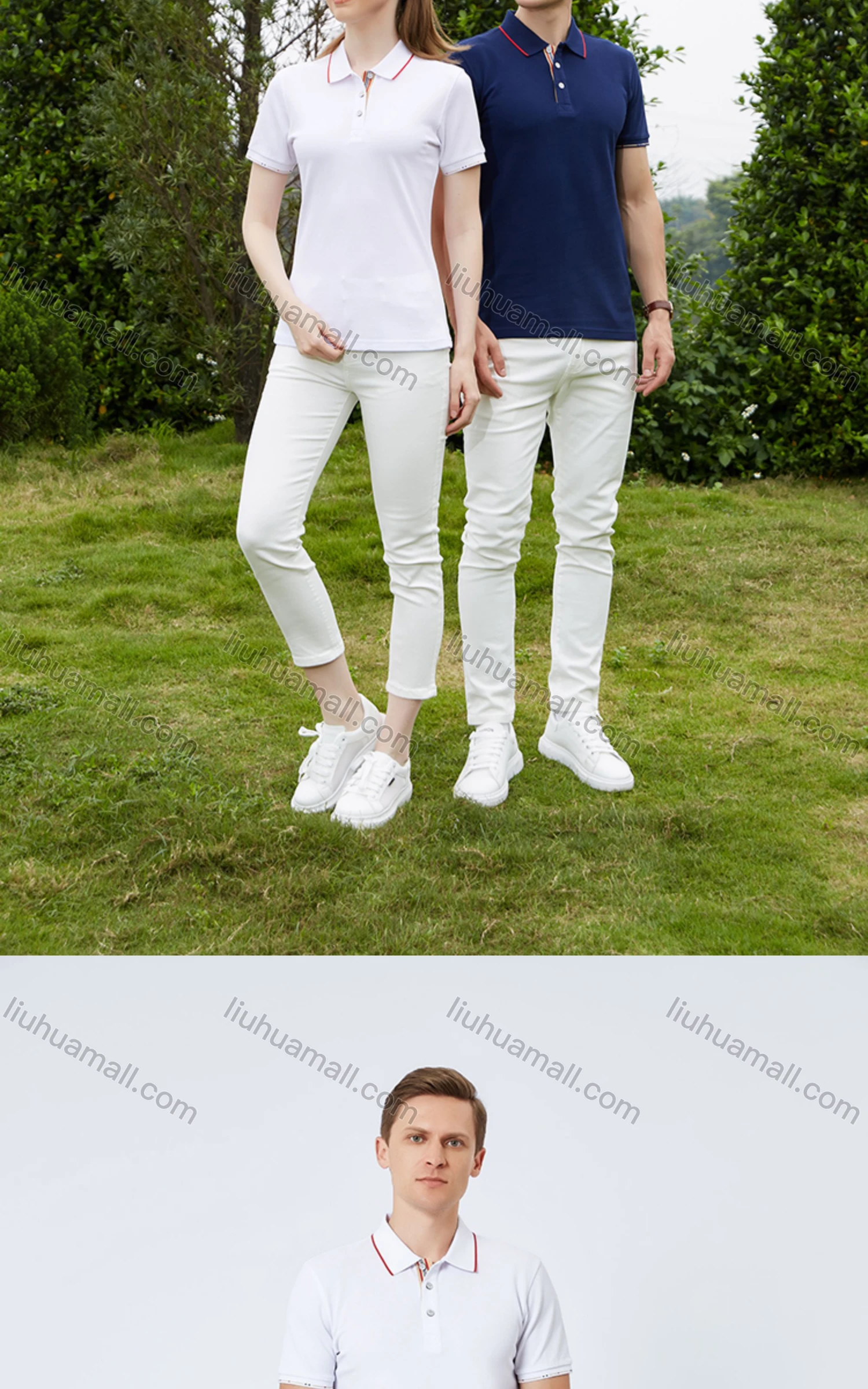 Wholesale Unisex Casual Slim Fit Short Sleeve Striped Trim Polo Shirts - Liuhuamall