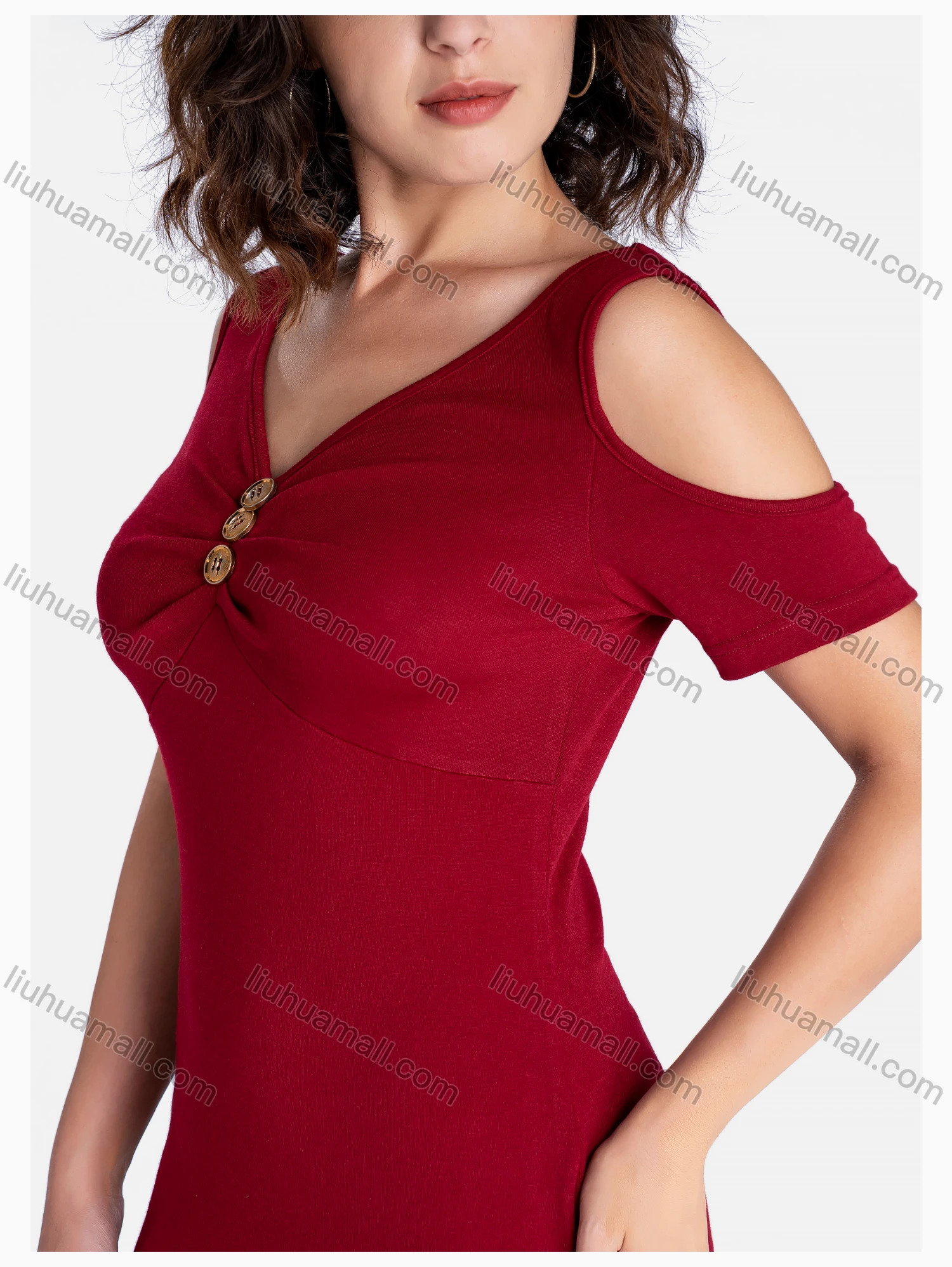 Wholesale Women's Casual V Neck Short Sleeve Button Decor Plain Dress - Liuhuamall