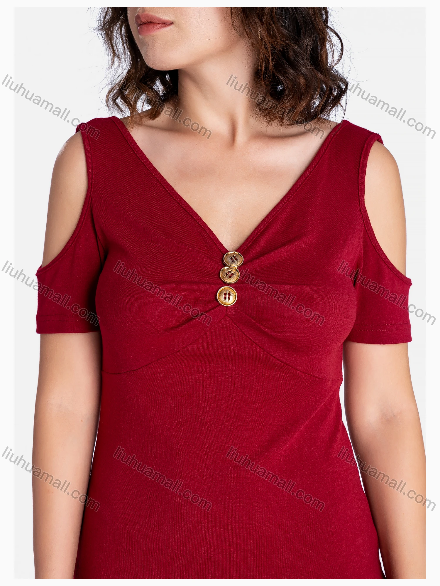 Wholesale Women's Casual V Neck Short Sleeve Button Decor Plain Dress - Liuhuamall