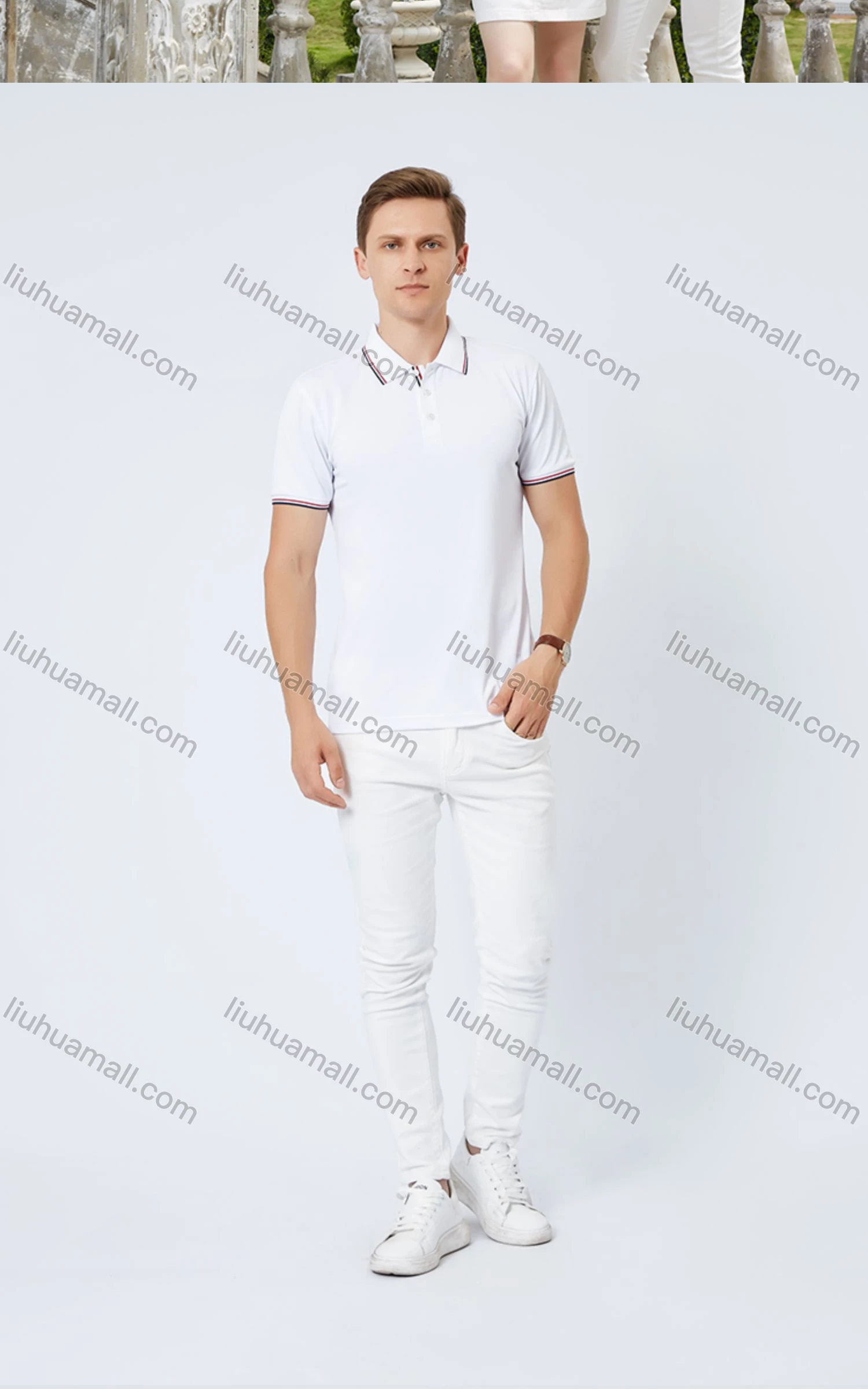 Wholesale Unisex Casual Slim Fit Short Sleeve Striped Trim Button Front Polo Shirts - Liuhuamall