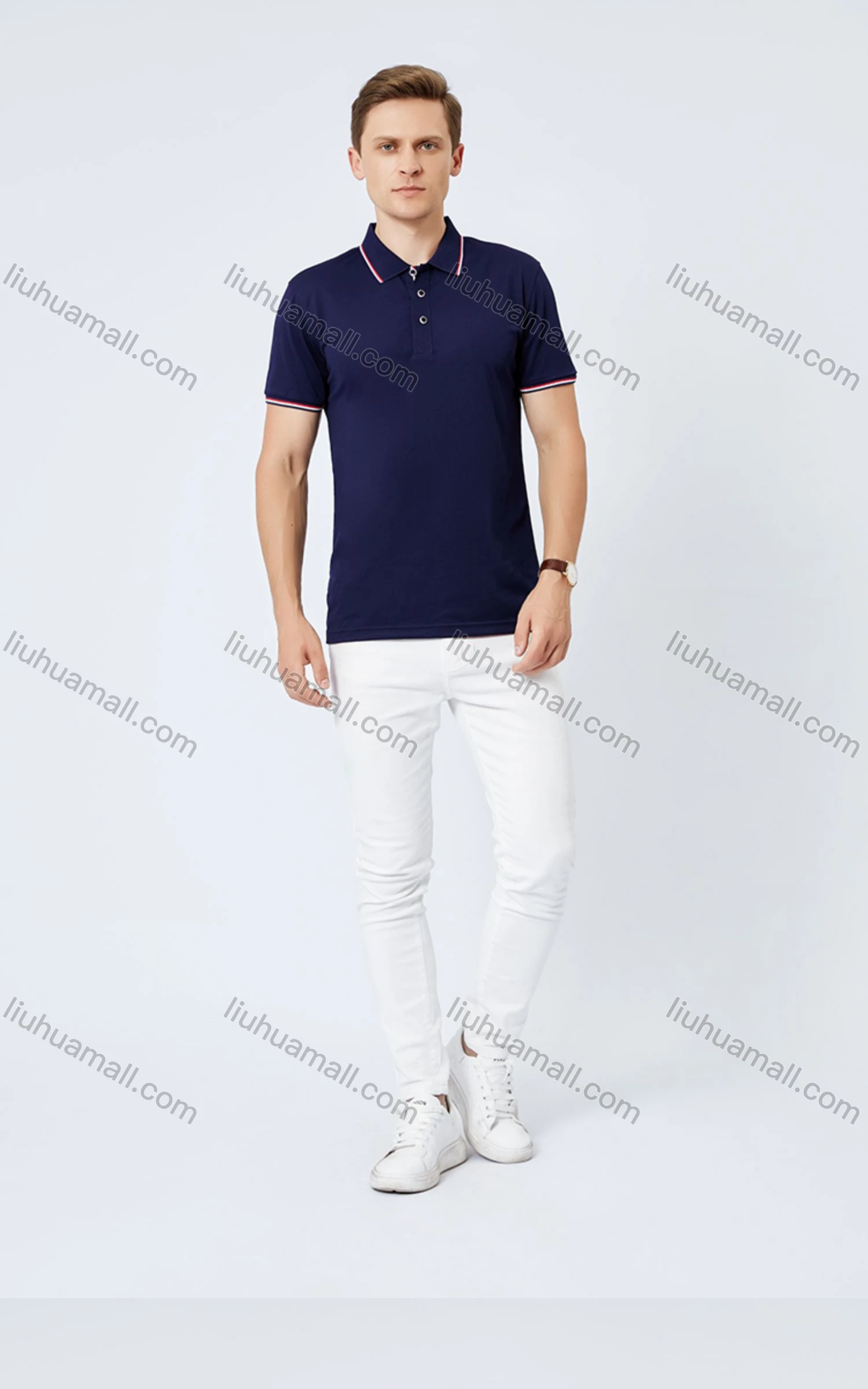 Wholesale Unisex Casual Slim Fit Short Sleeve Striped Trim Button Front Polo Shirts - Liuhuamall