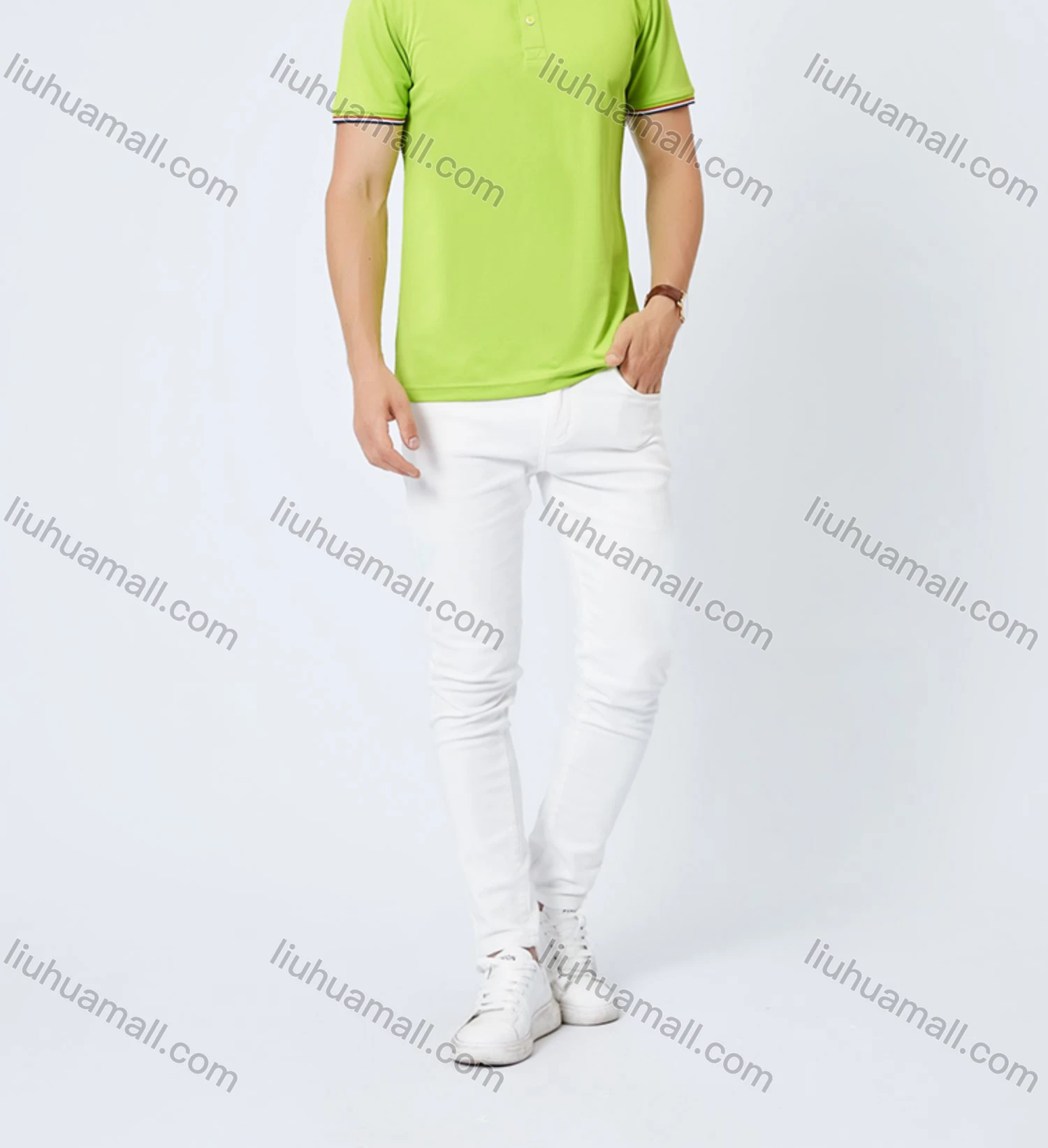 Wholesale Unisex Casual Slim Fit Short Sleeve Striped Trim Button Front Polo Shirts - Liuhuamall