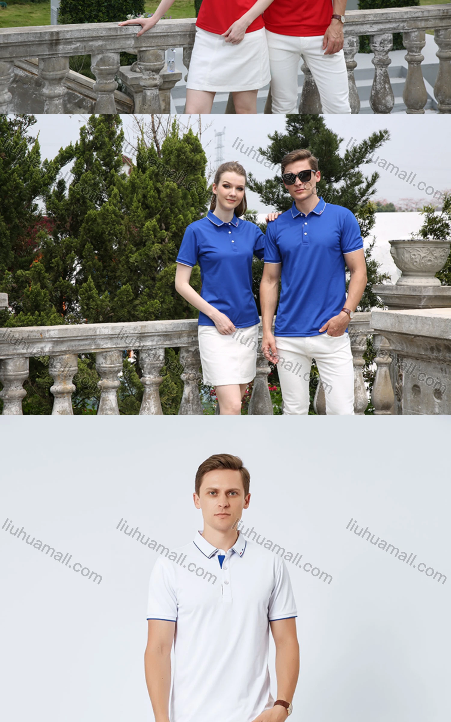 Wholesale Unisex Casual Slim Fit Short Sleeve Striped Trim Button Front Polo Shirts - Liuhuamall