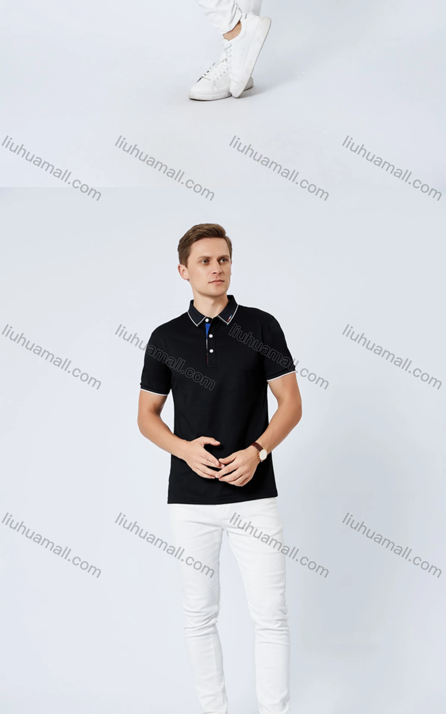 Wholesale Unisex Casual Slim Fit Short Sleeve Striped Trim Button Front Polo Shirts - Liuhuamall