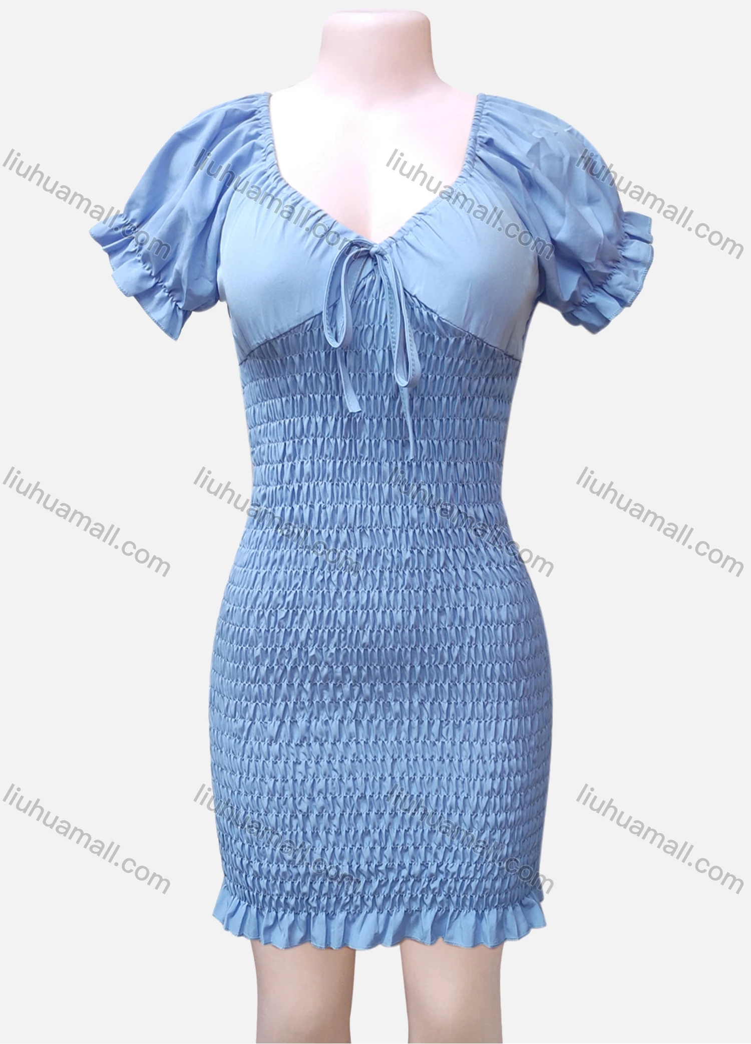 Wholesale Women's Casual Puff Sleeve V Neck Ruched RuffleTrim Lace up Short Dress - Liuhuamall