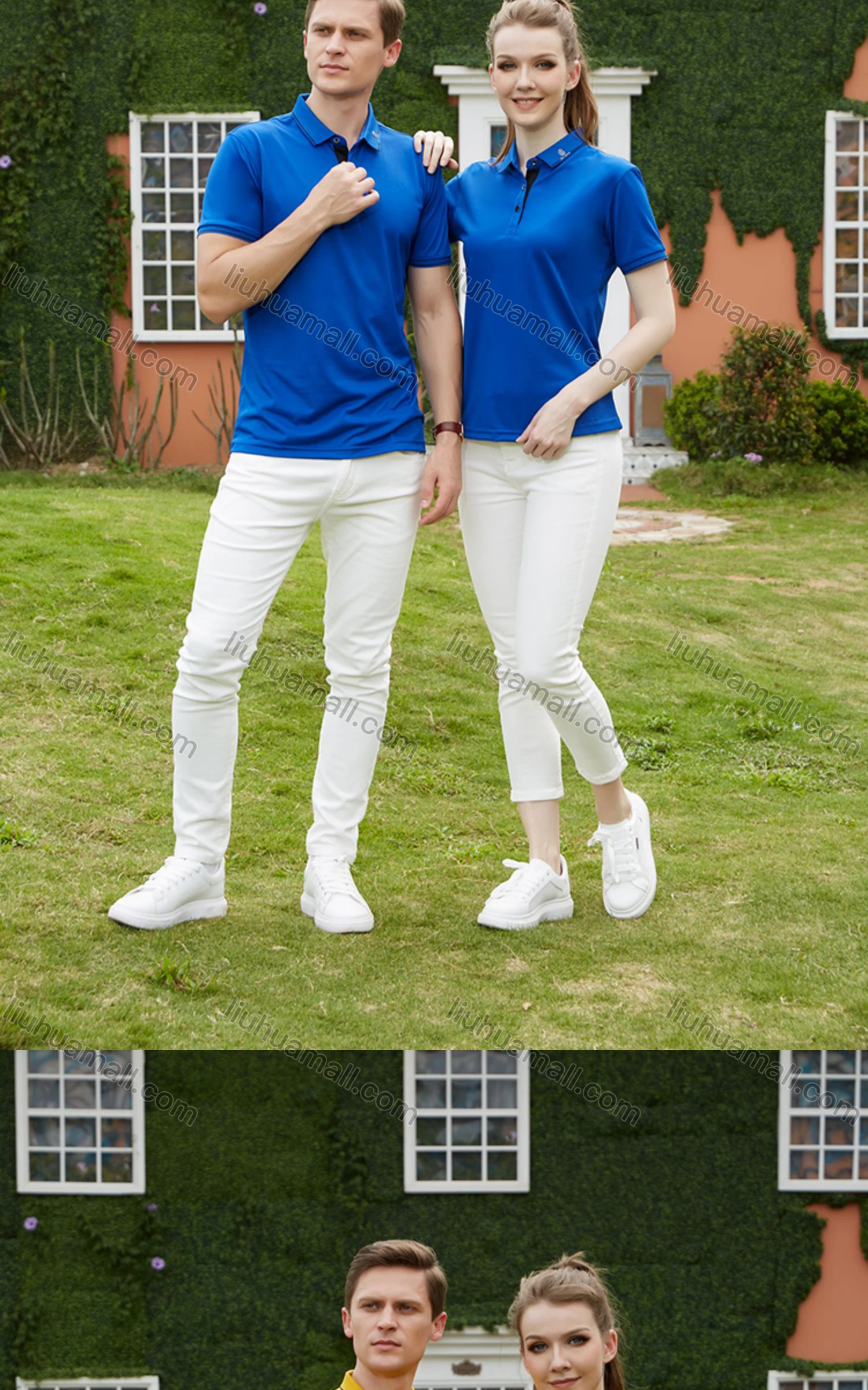 Wholesale Unisex Casual Slim Fit Short Sleeve Striped Trim Button Front Polo Shirts - Liuhuamall