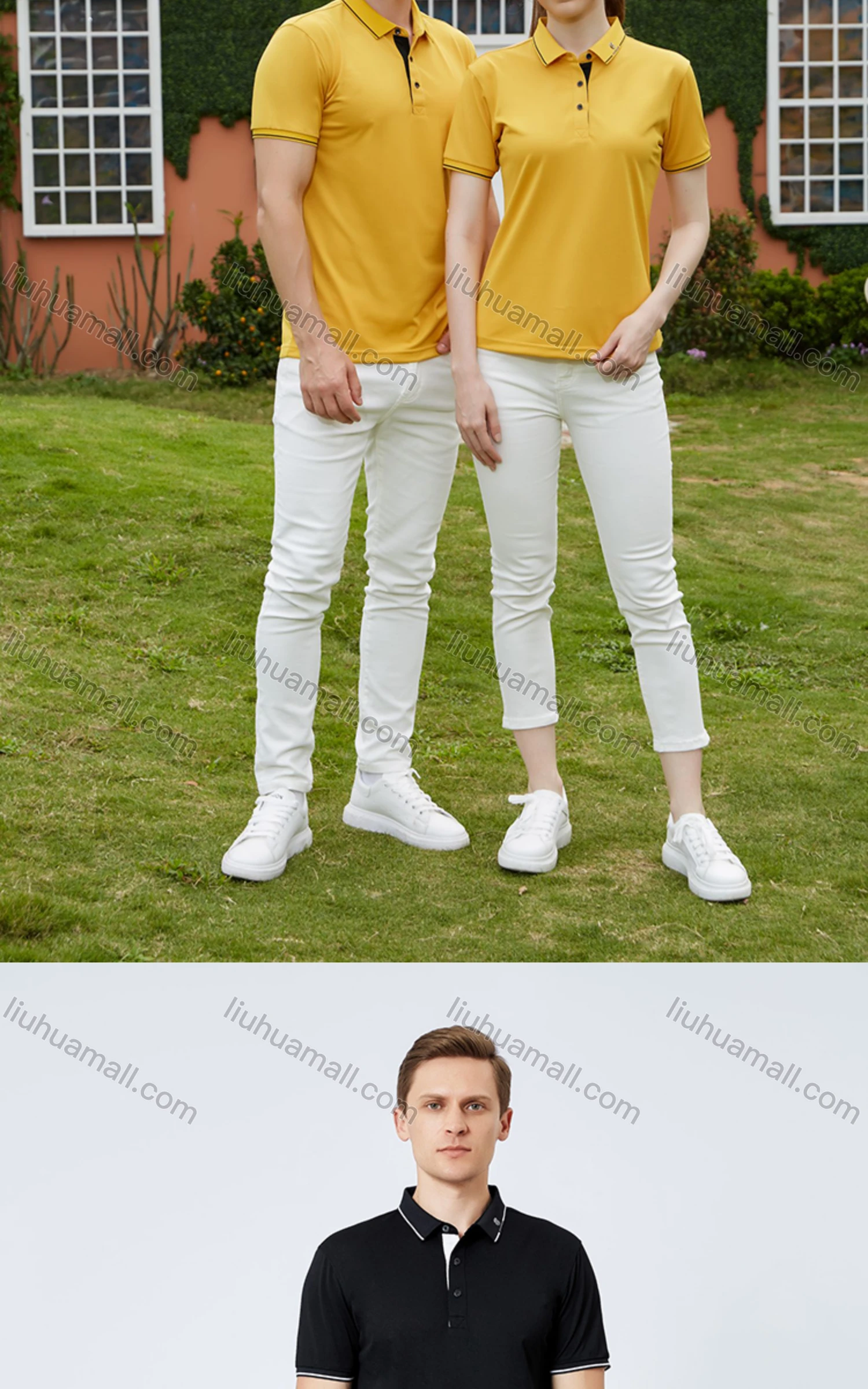 Wholesale Unisex Casual Slim Fit Short Sleeve Striped Trim Button Front Polo Shirts - Liuhuamall