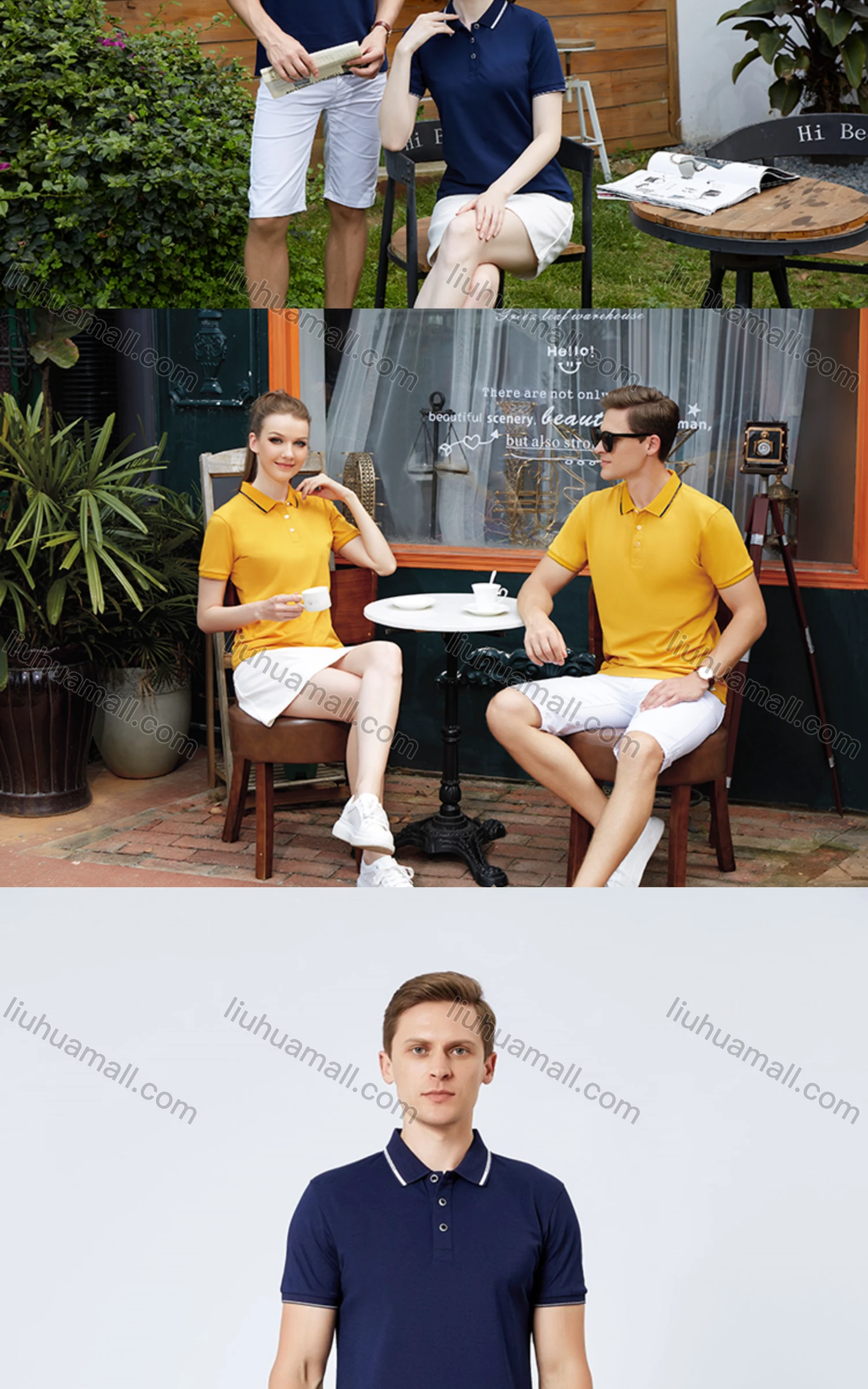 Wholesale Unisex Casual Slim Fit Short Sleeve Striped Trim Button Front Polo Shirts - Liuhuamall