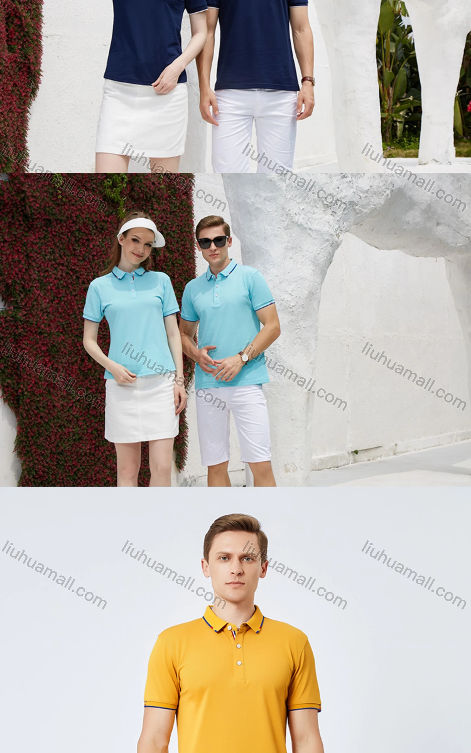 Wholesale Unisex Casual Slim Fit Short Sleeve Striped Trim Button Front Polo Shirts - Liuhuamall