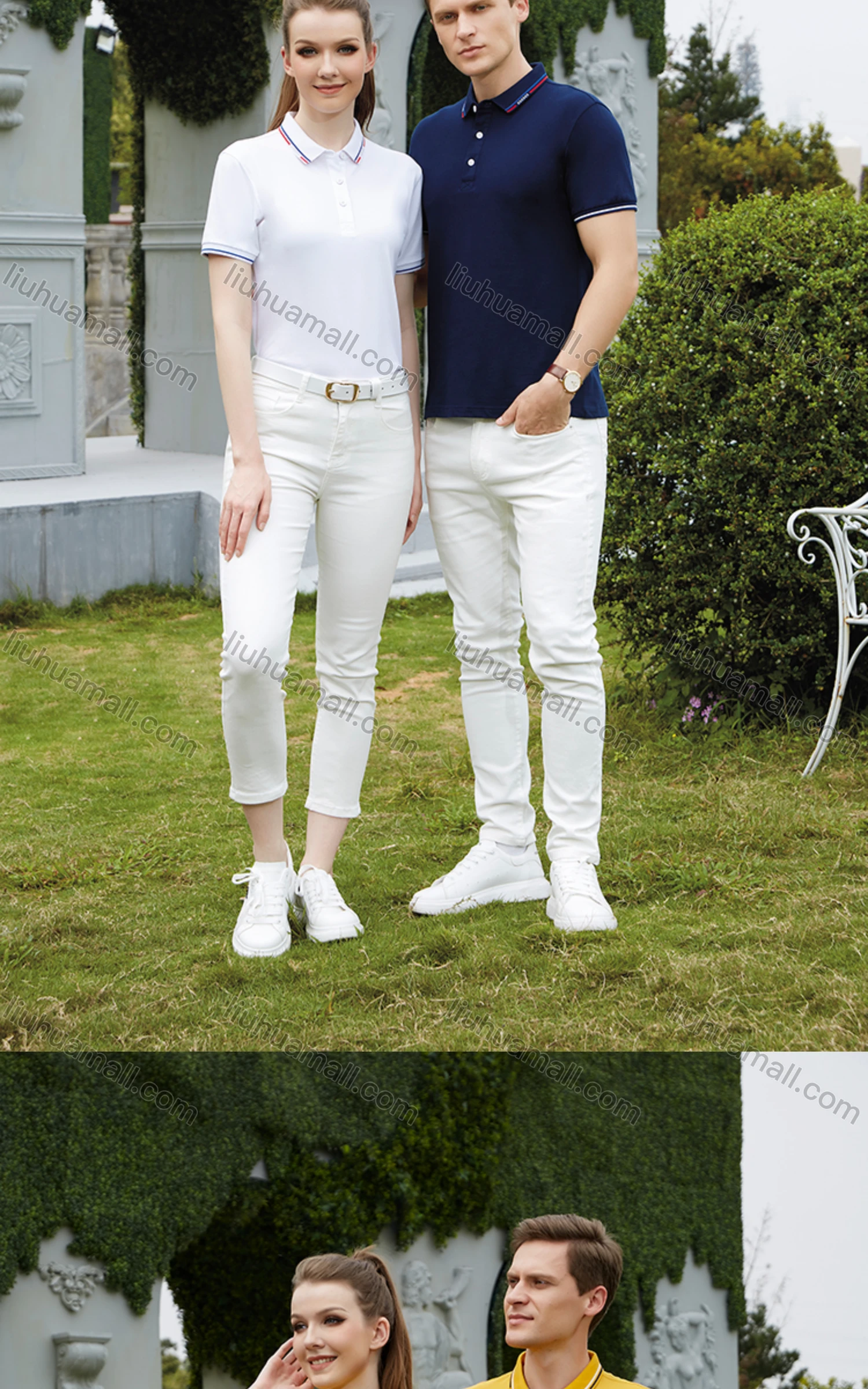 Wholesale Unisex Casual Slim Fit Short Sleeve Striped Trim Button Front Polo Shirts - Liuhuamall