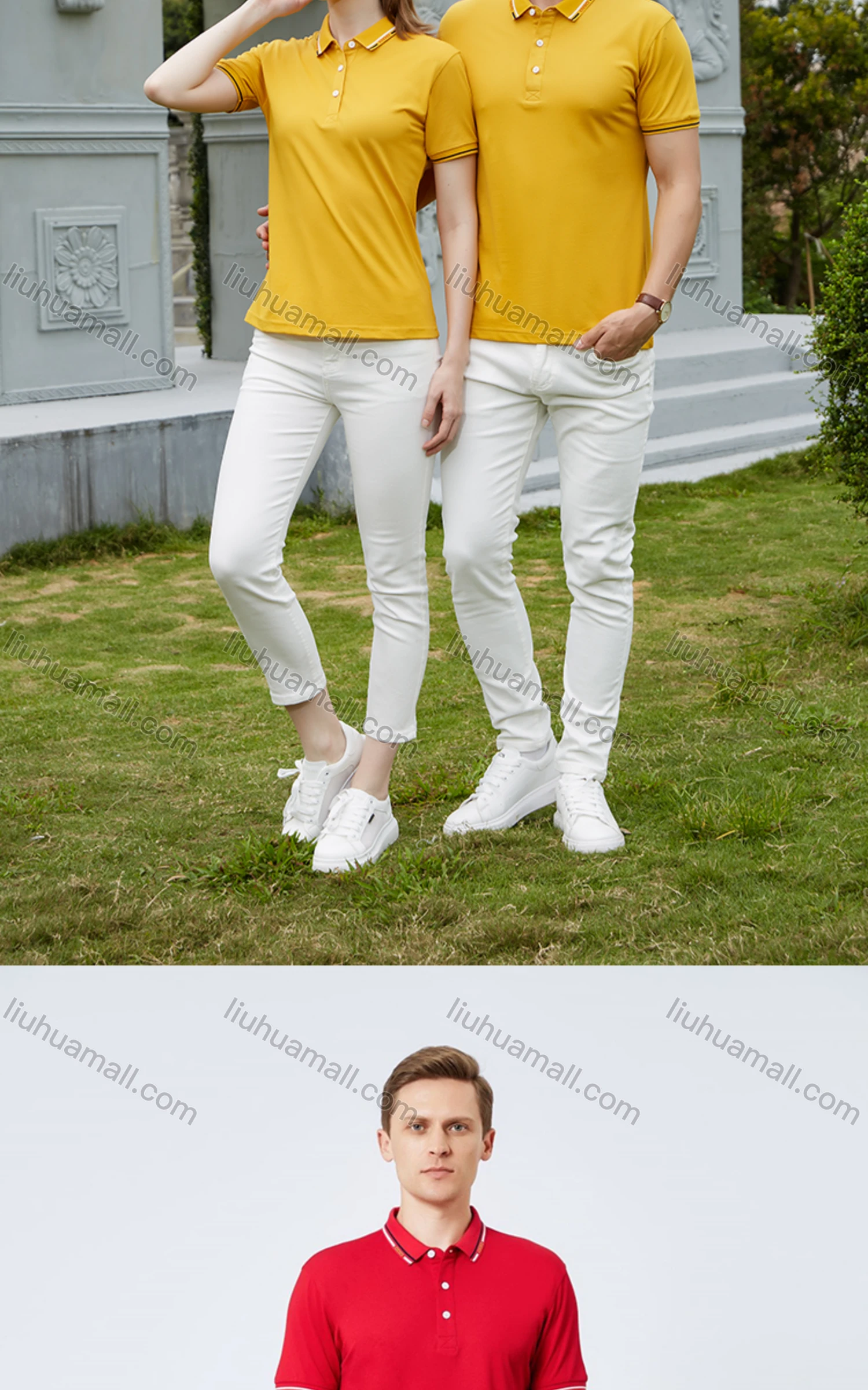 Wholesale Unisex Casual Slim Fit Short Sleeve Striped Trim Button Front Polo Shirts - Liuhuamall