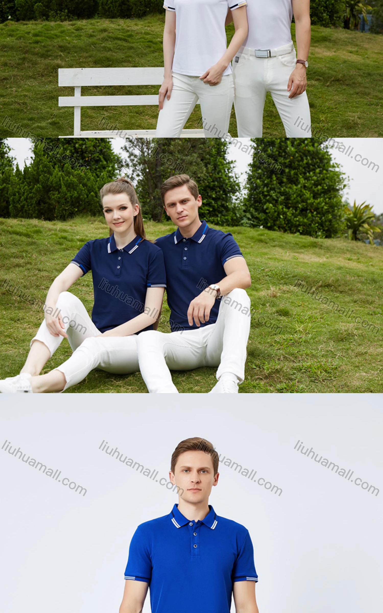 Wholesale Unisex Casual Slim Fit Short Sleeve Striped Trim Button Front Polo Shirts - Liuhuamall