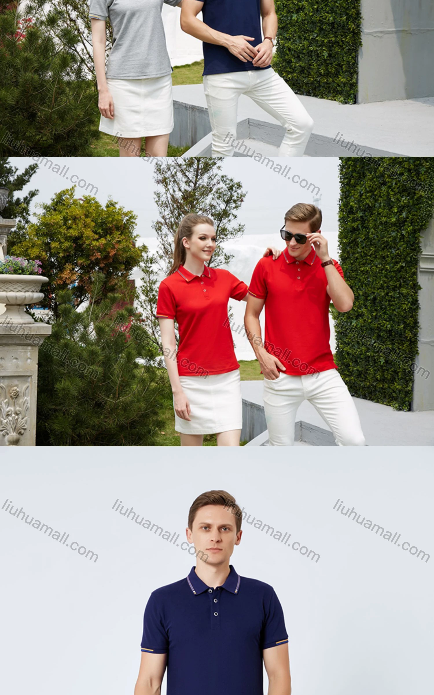 Wholesale Unisex Casual Short Sleeve Striped Trim Button Front Polo Shirts - Liuhuamall