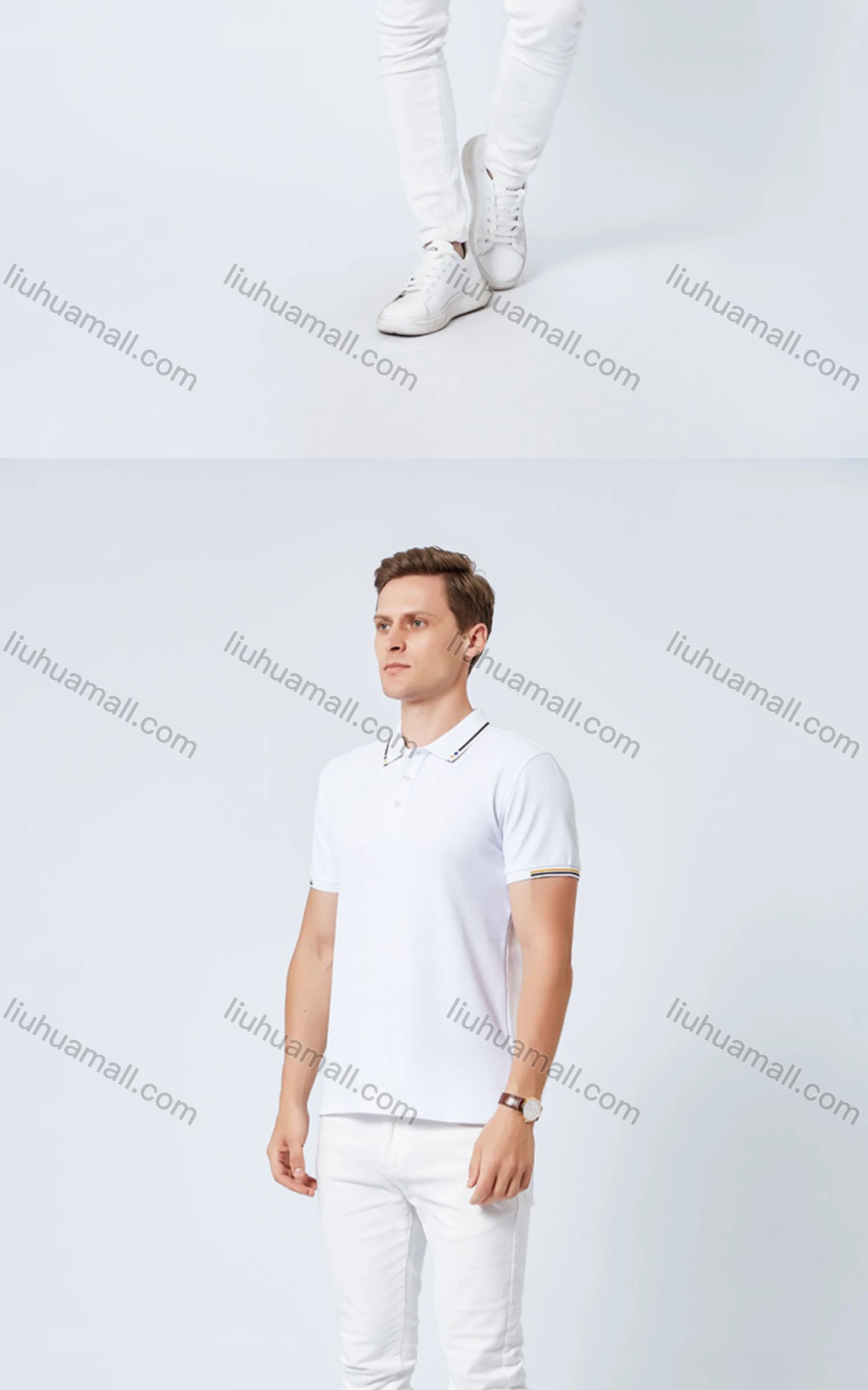 Wholesale Unisex Casual Short Sleeve Striped Trim Button Front Polo Shirts - Liuhuamall