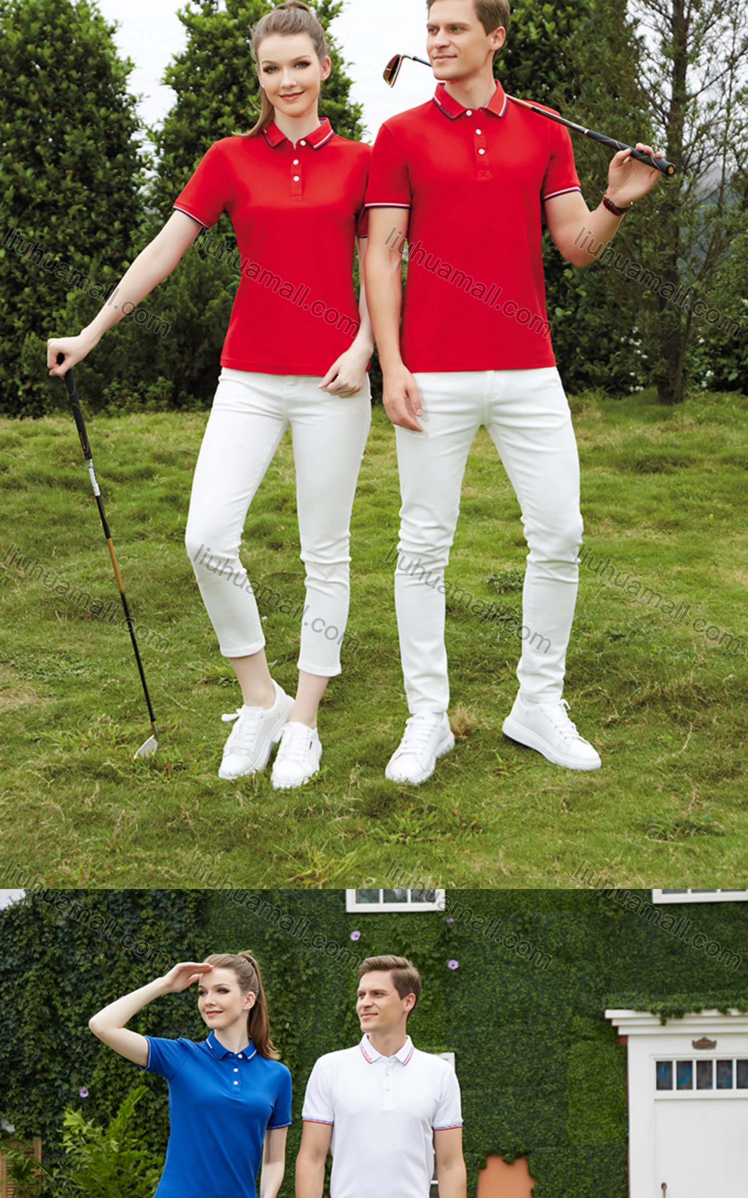 Wholesale Unisex Casual Short Sleeve Letter Striped Trim Button Front Polo Shirts - Liuhuamall