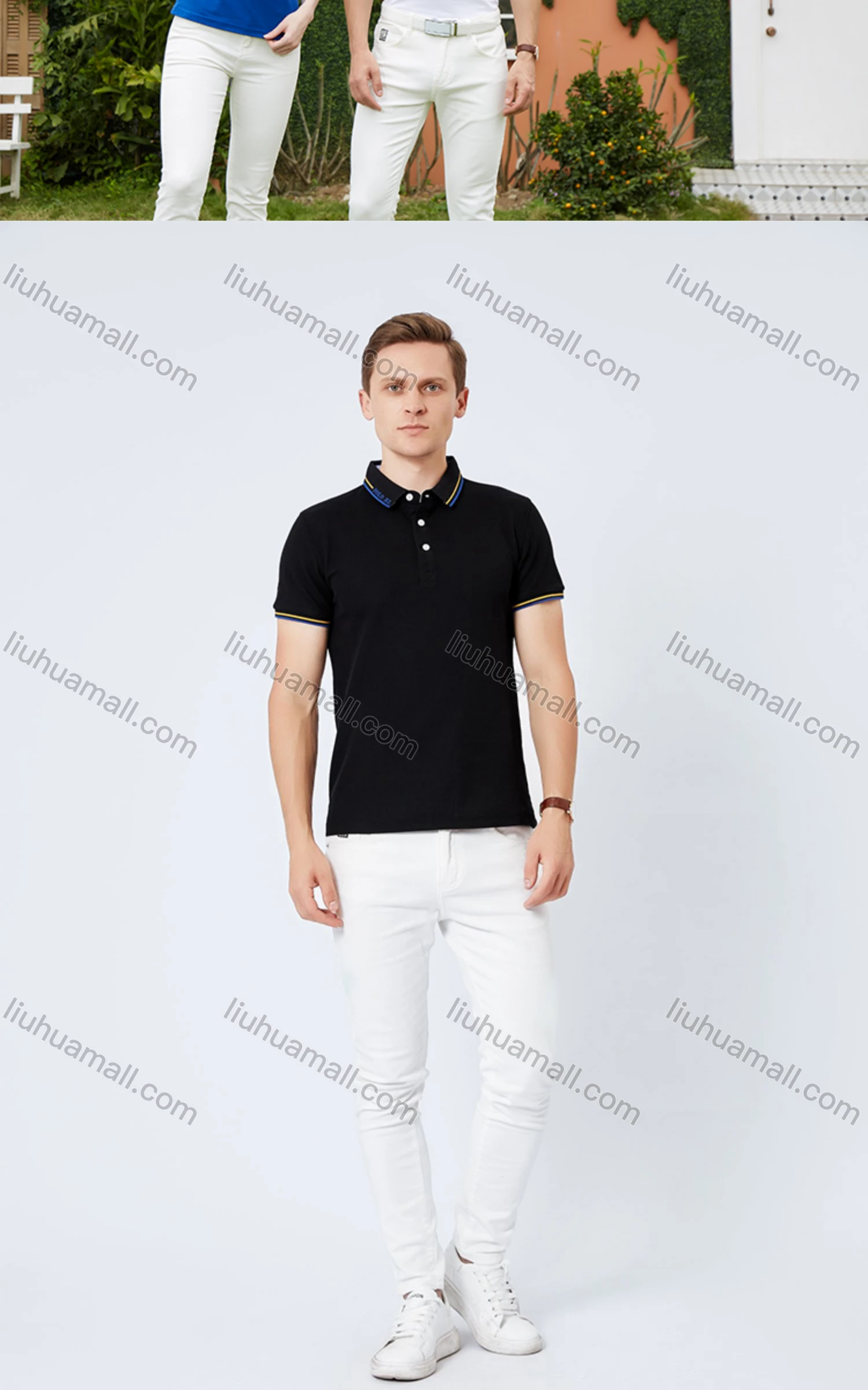 Wholesale Unisex Casual Short Sleeve Letter Striped Trim Button Front Polo Shirts - Liuhuamall