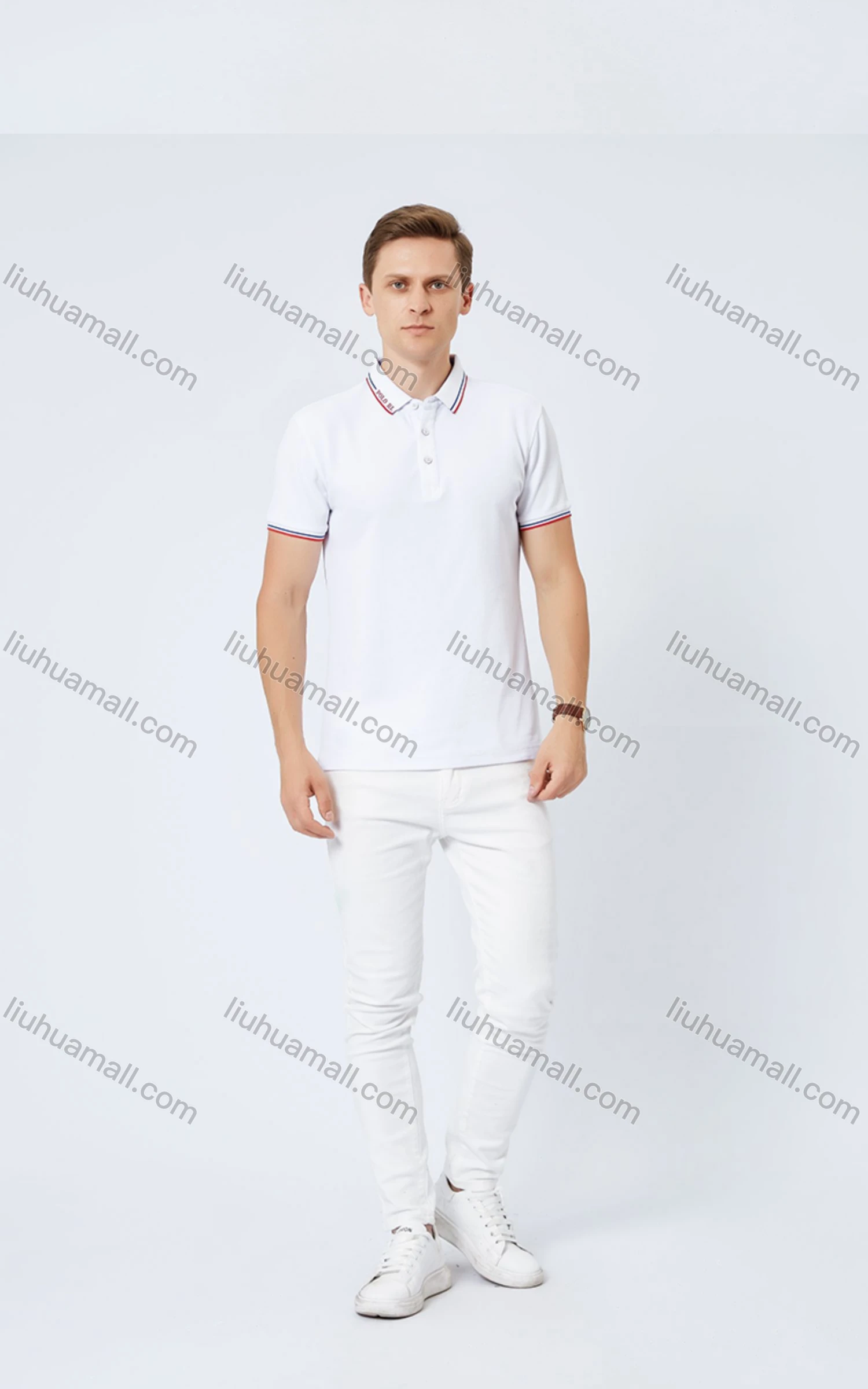 Wholesale Unisex Casual Short Sleeve Letter Striped Trim Button Front Polo Shirts - Liuhuamall
