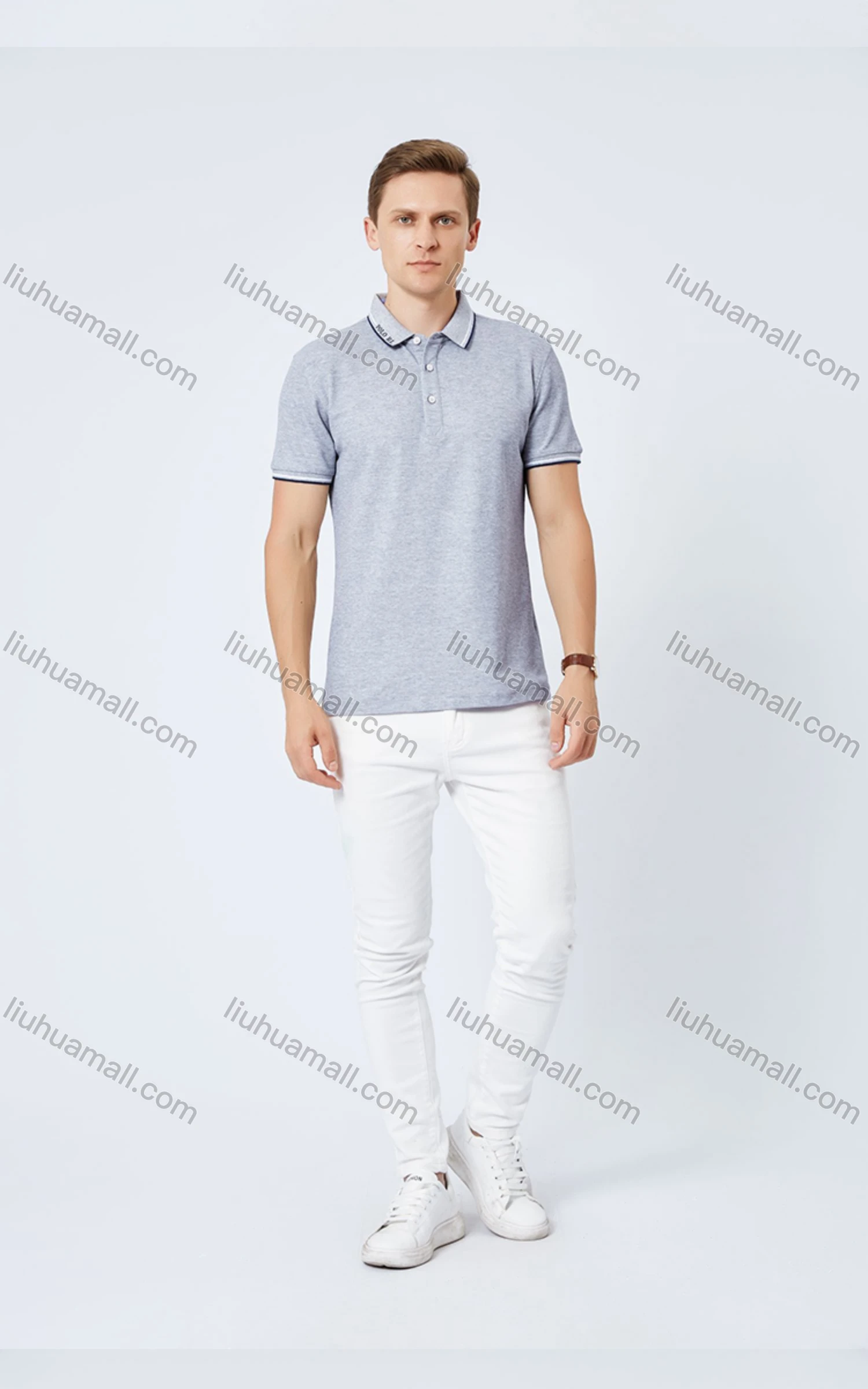 Wholesale Unisex Casual Short Sleeve Letter Striped Trim Button Front Polo Shirts - Liuhuamall