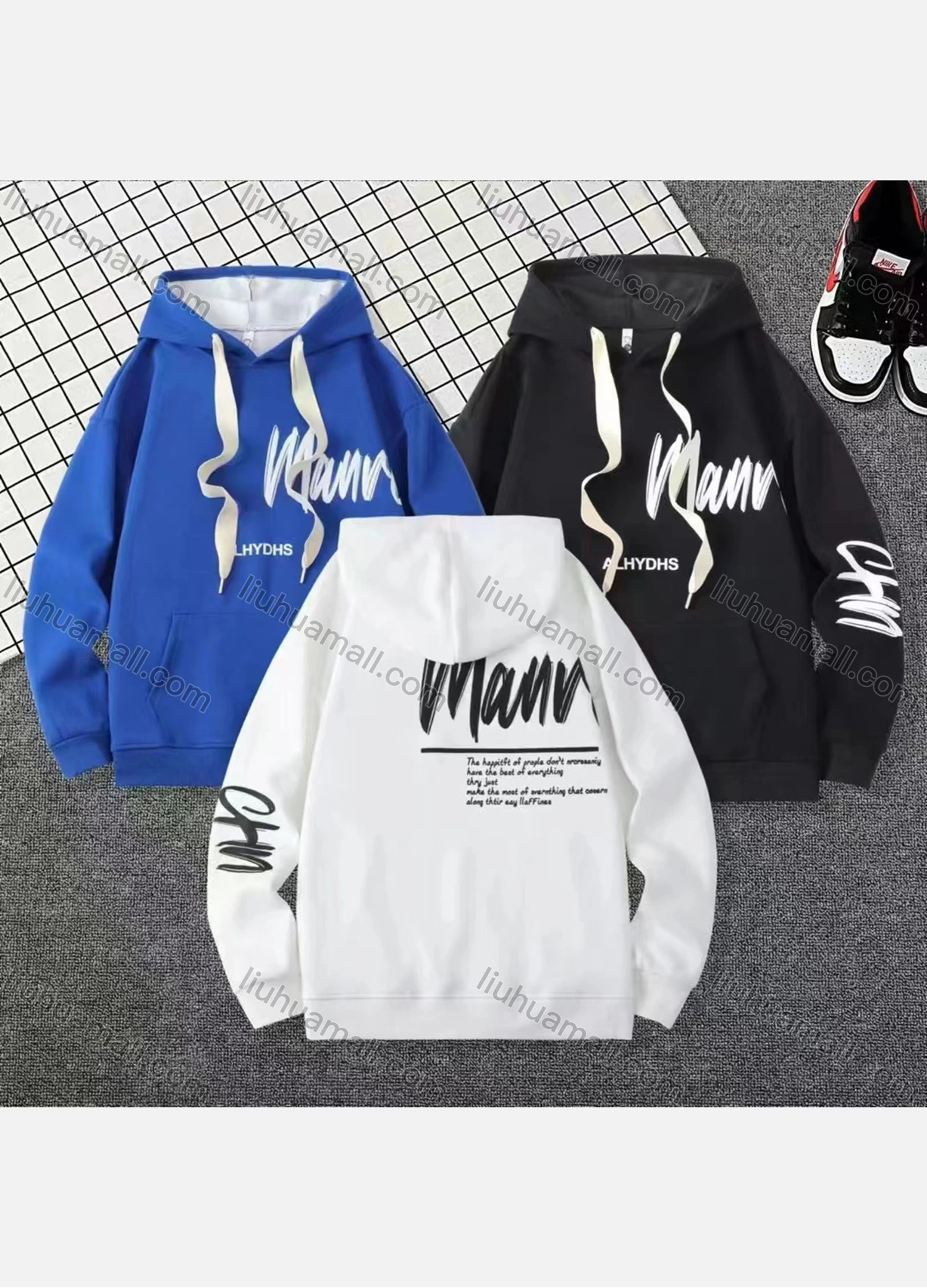 Wholesale Men's Casual Letter Print Drawstring Long Sleeve Kangaroo Pocket Hoodie - Liuhuamall