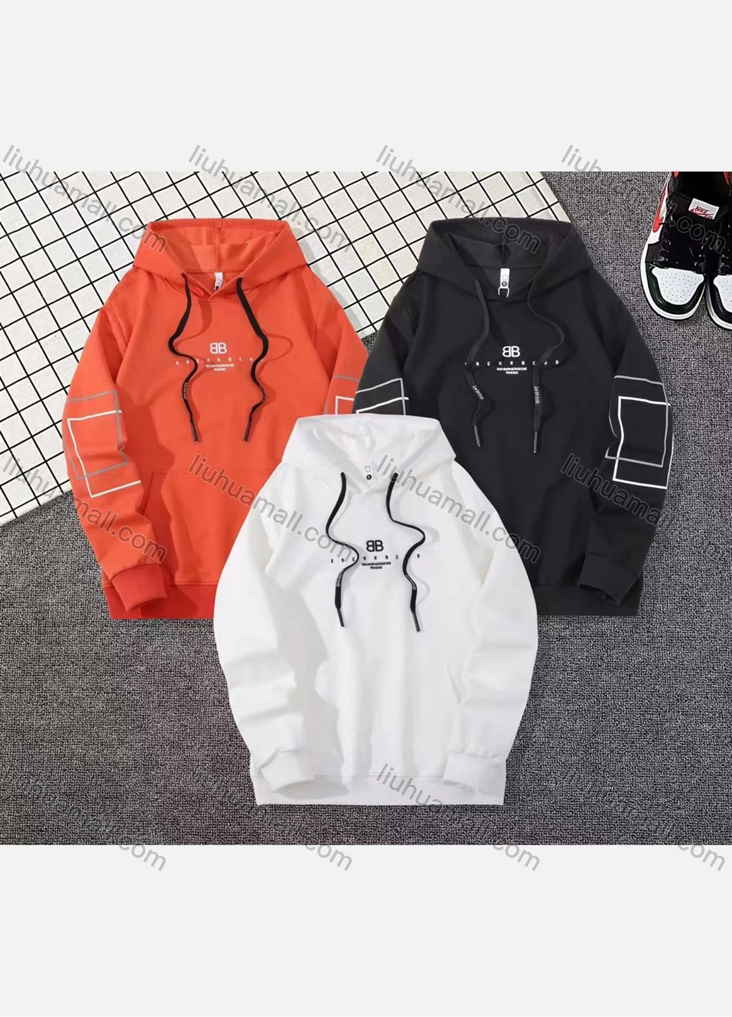 Wholesale Men's Casual Geometric & Letter Print Drawstring Long Sleeve Kangaroo Pocket Hoodie - Liuhuamall