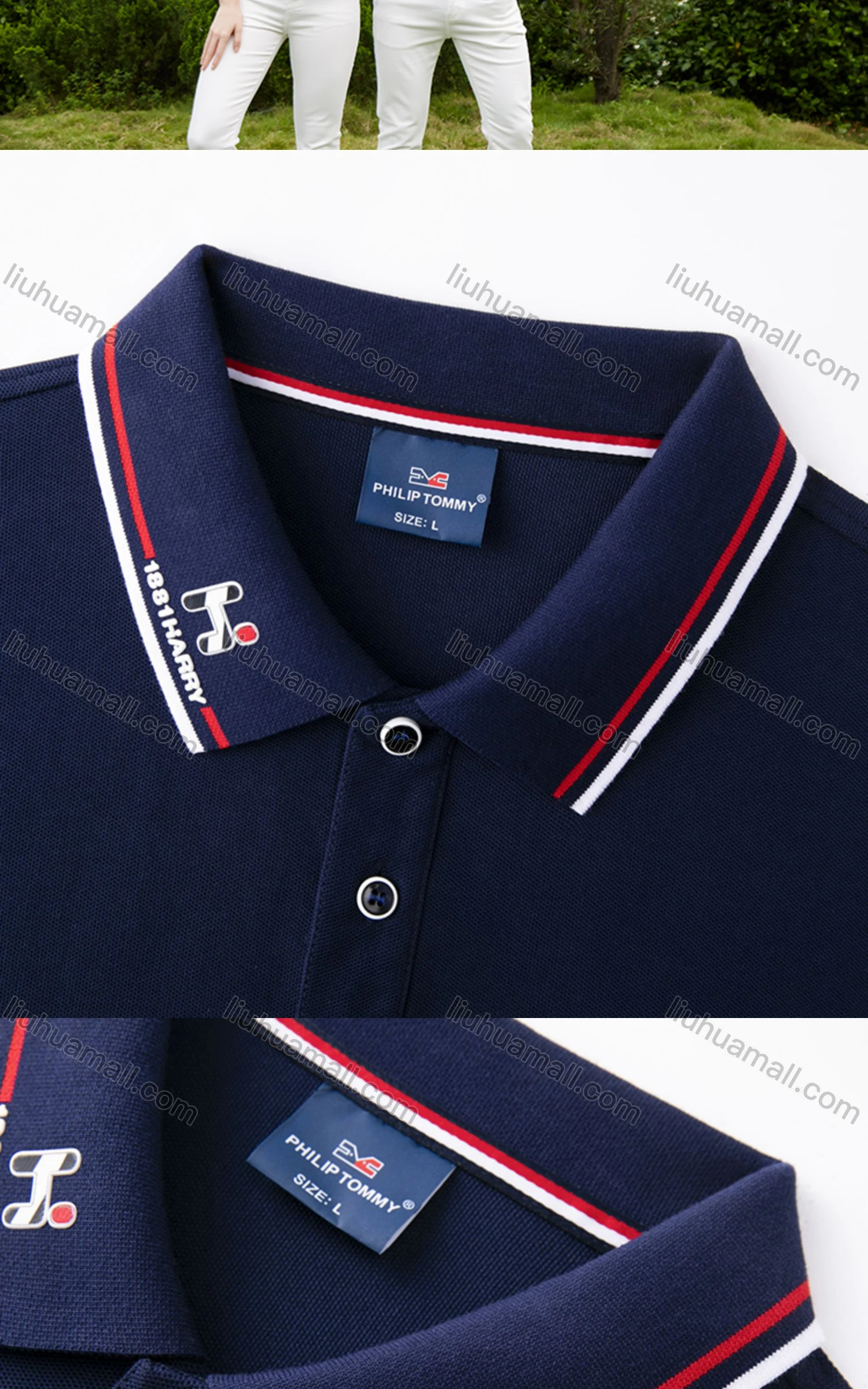 Wholesale Unisex Casual Short Sleeve Letter Striped Trim Button Front Polo Shirts - Liuhuamall
