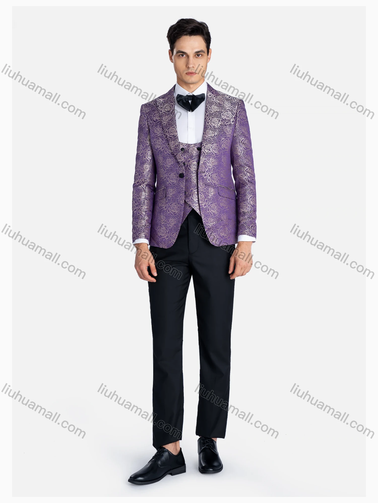 Wholesale Men's Formal Lapel Jacquard Floral Print Blazer & Waistcoat & Pants 3 Pieces Suit Set - Liuhuamall