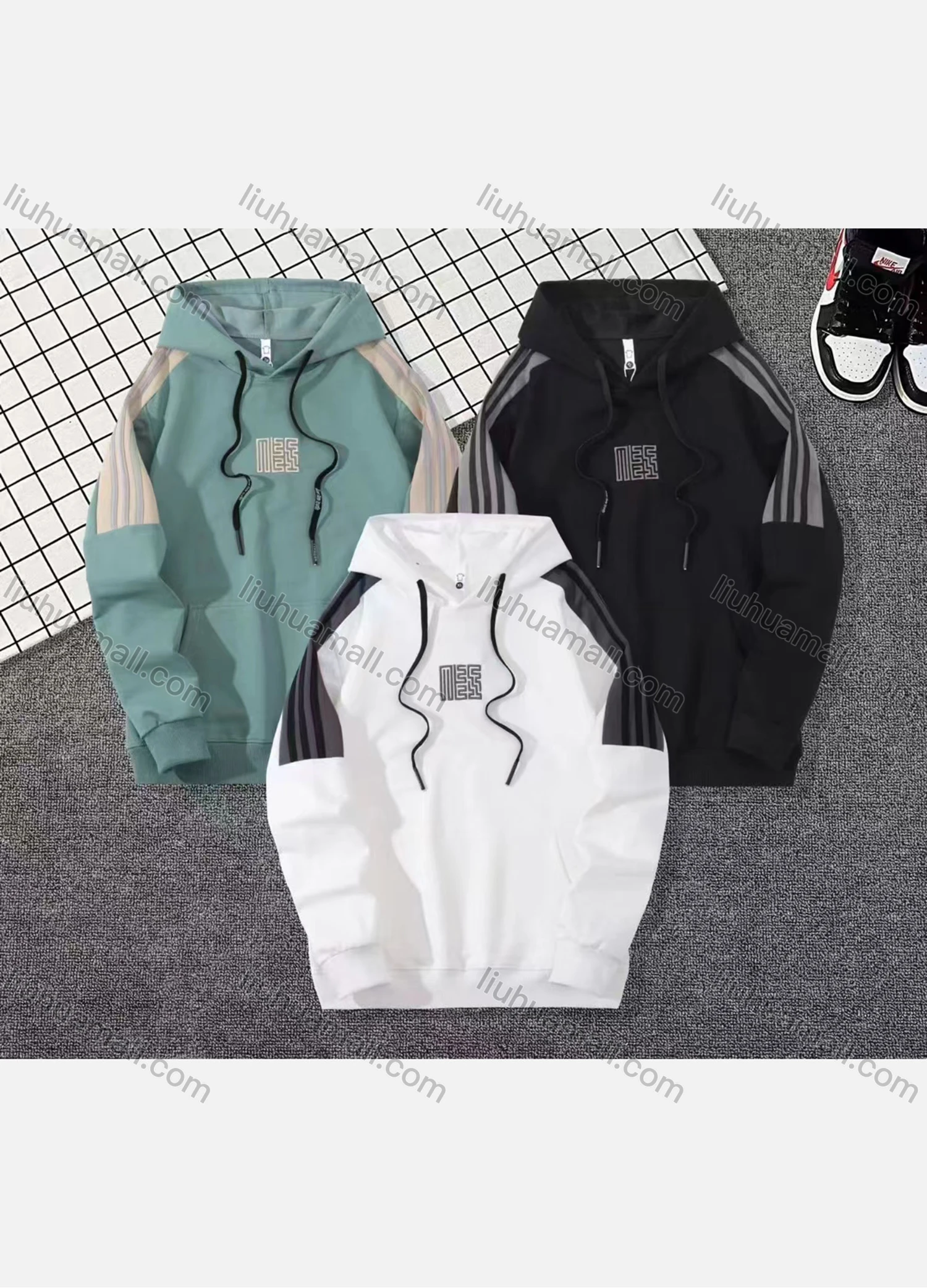 Wholesale Men's Casual Colorblock Striped Geometric Letter Print Drawstring Long Sleeve Kangaroo Pocket Hoodie - Liuhuamall